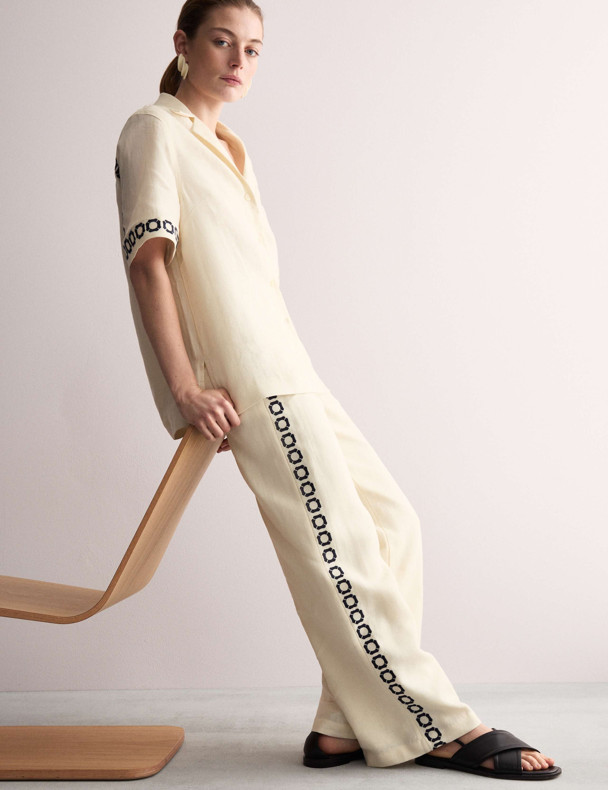 Pure Linen Embroidered Wide Leg Trousers 5 of 6