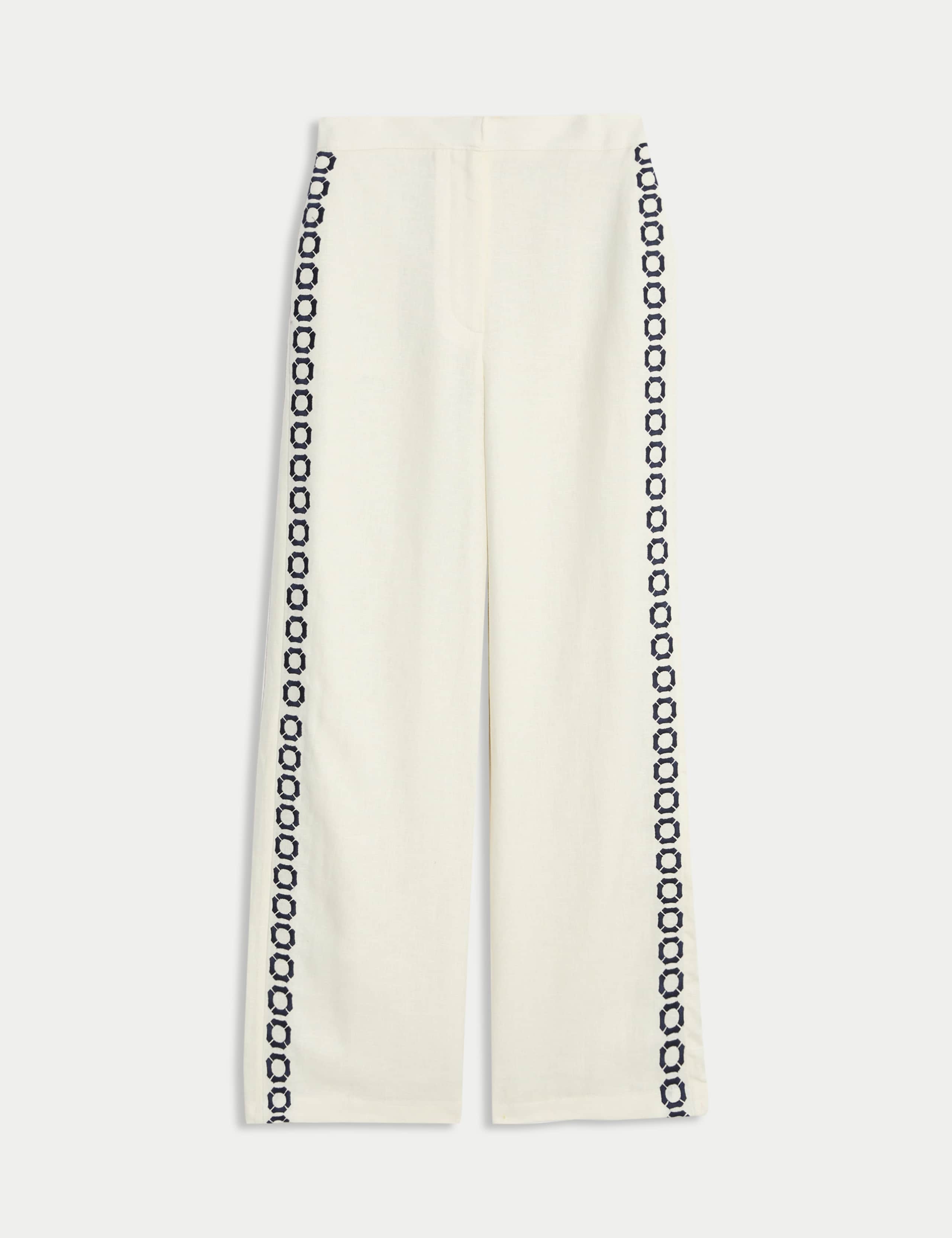 Pure Linen Embroidered Wide Leg Trousers 2 of 6