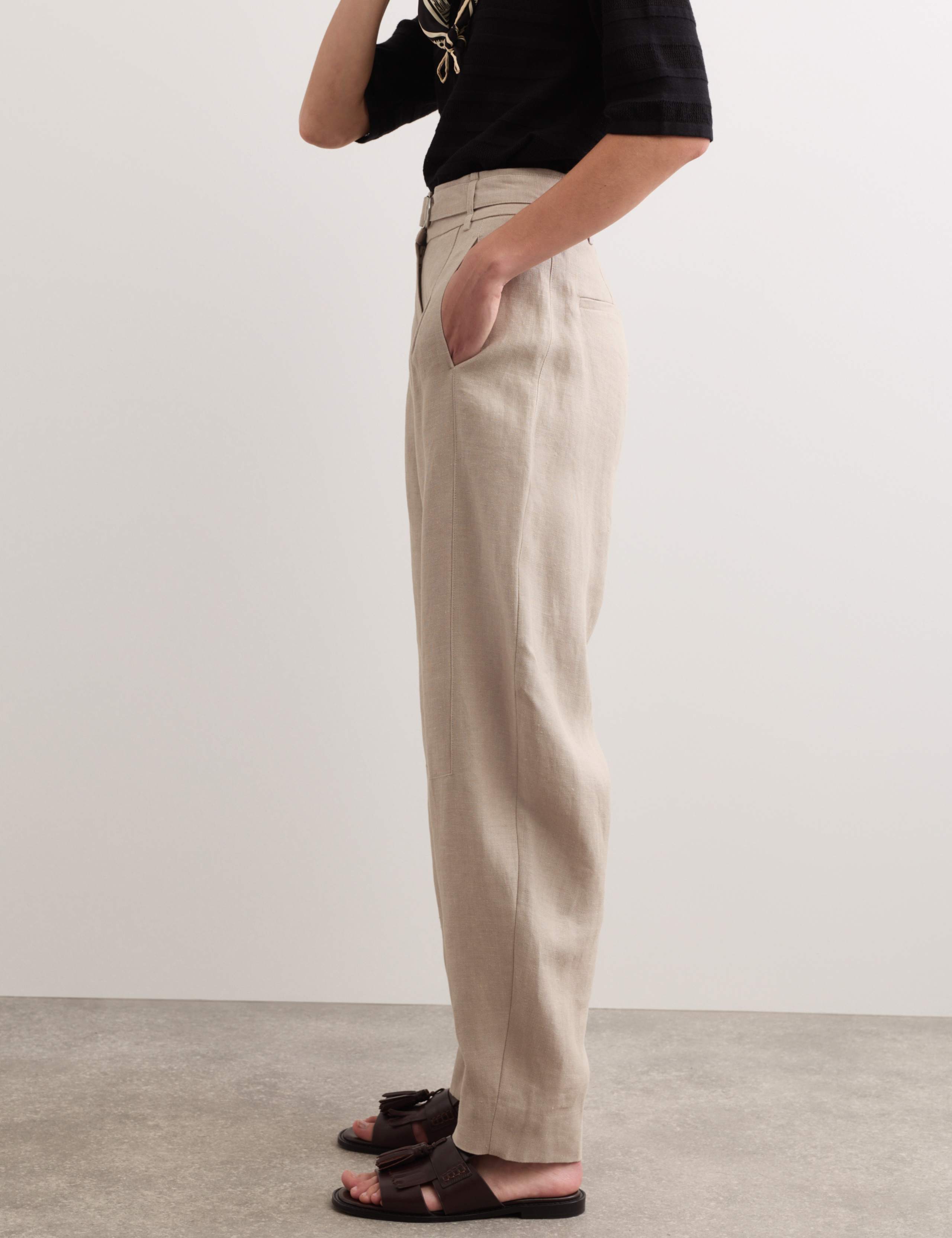Pure Linen Belted Barrel Leg Trousers 6 of 7