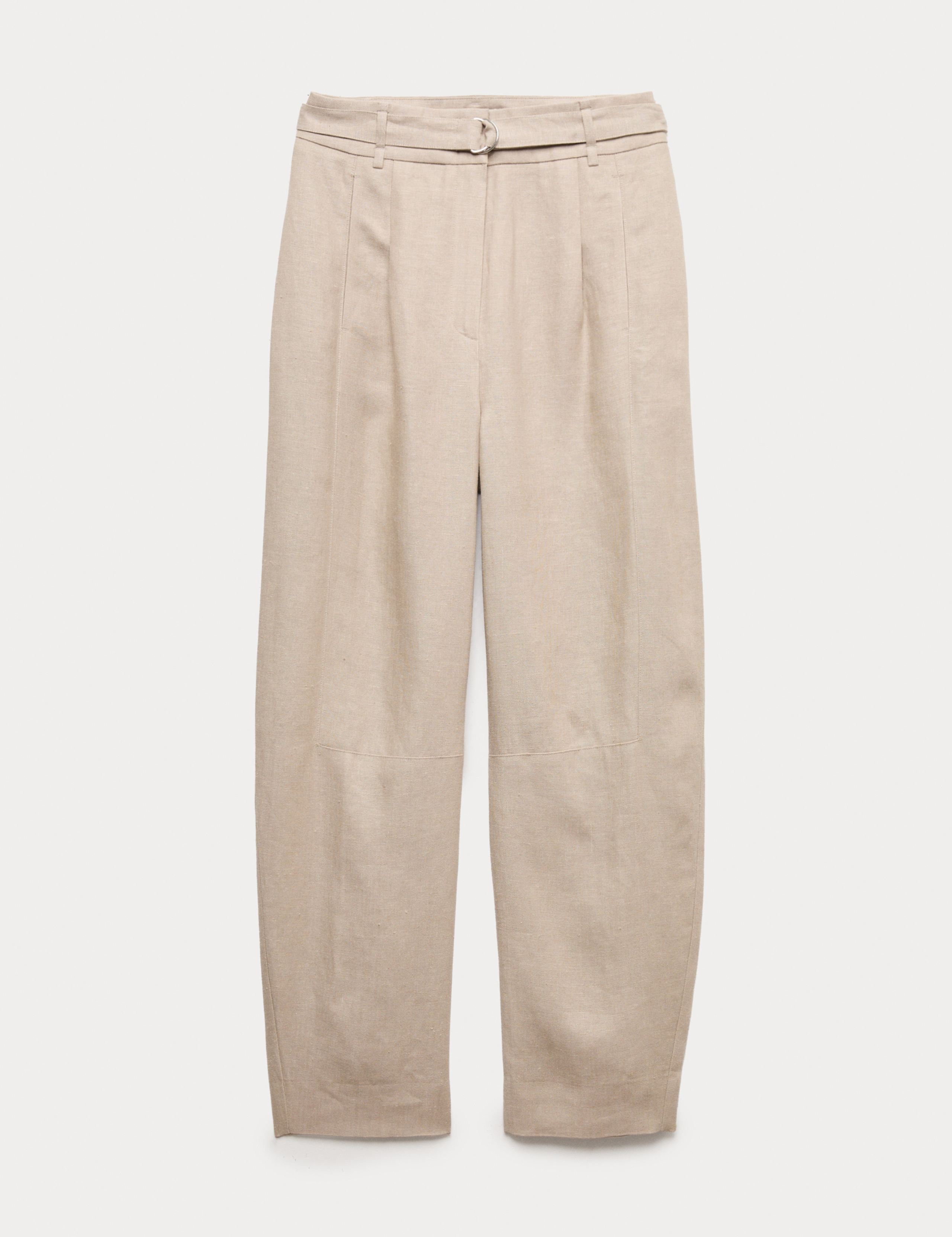 Pure Linen Belted Barrel Leg Trousers 2 of 7