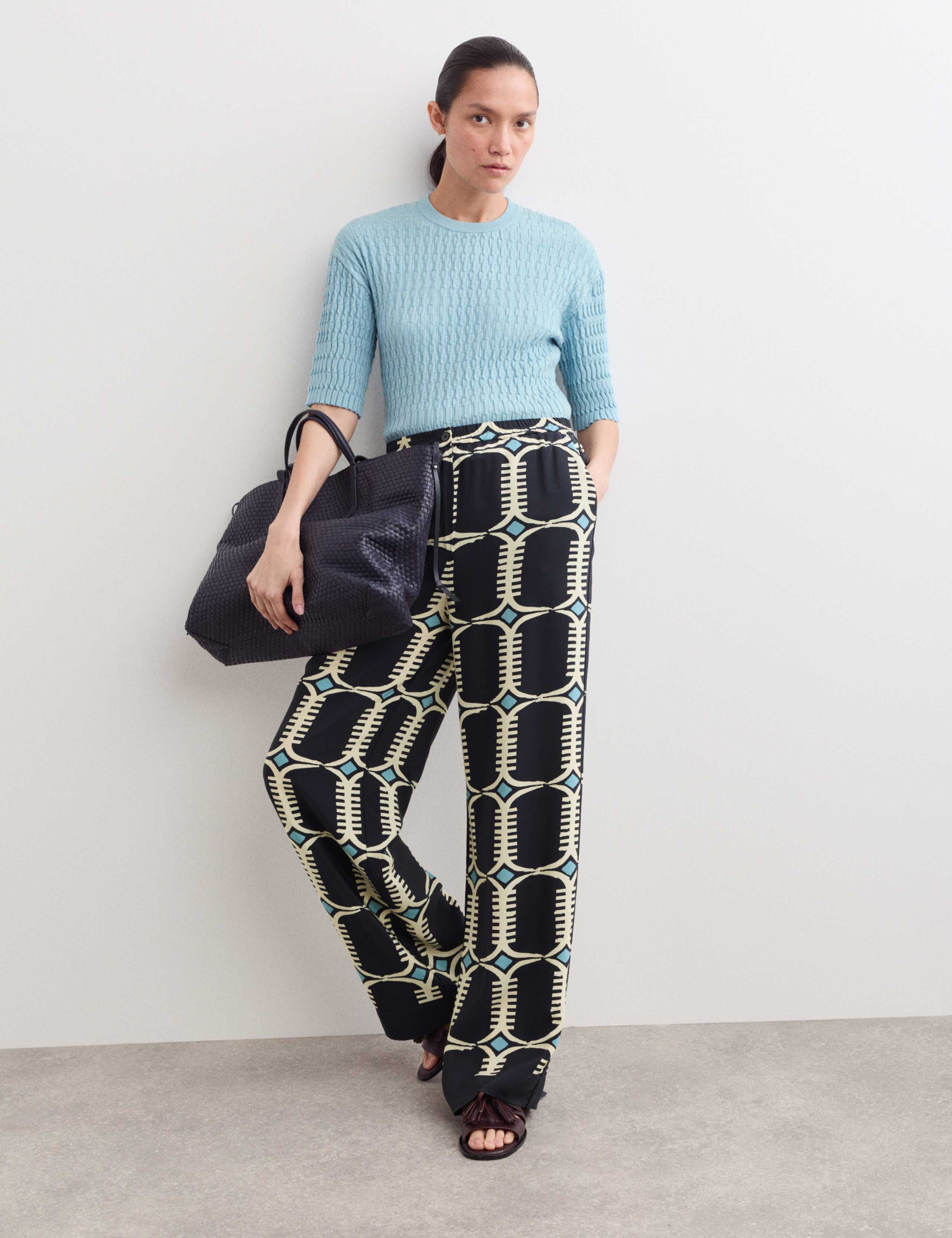 Pure Silk Geometric Print Wide Leg Trousers 1 of 6
