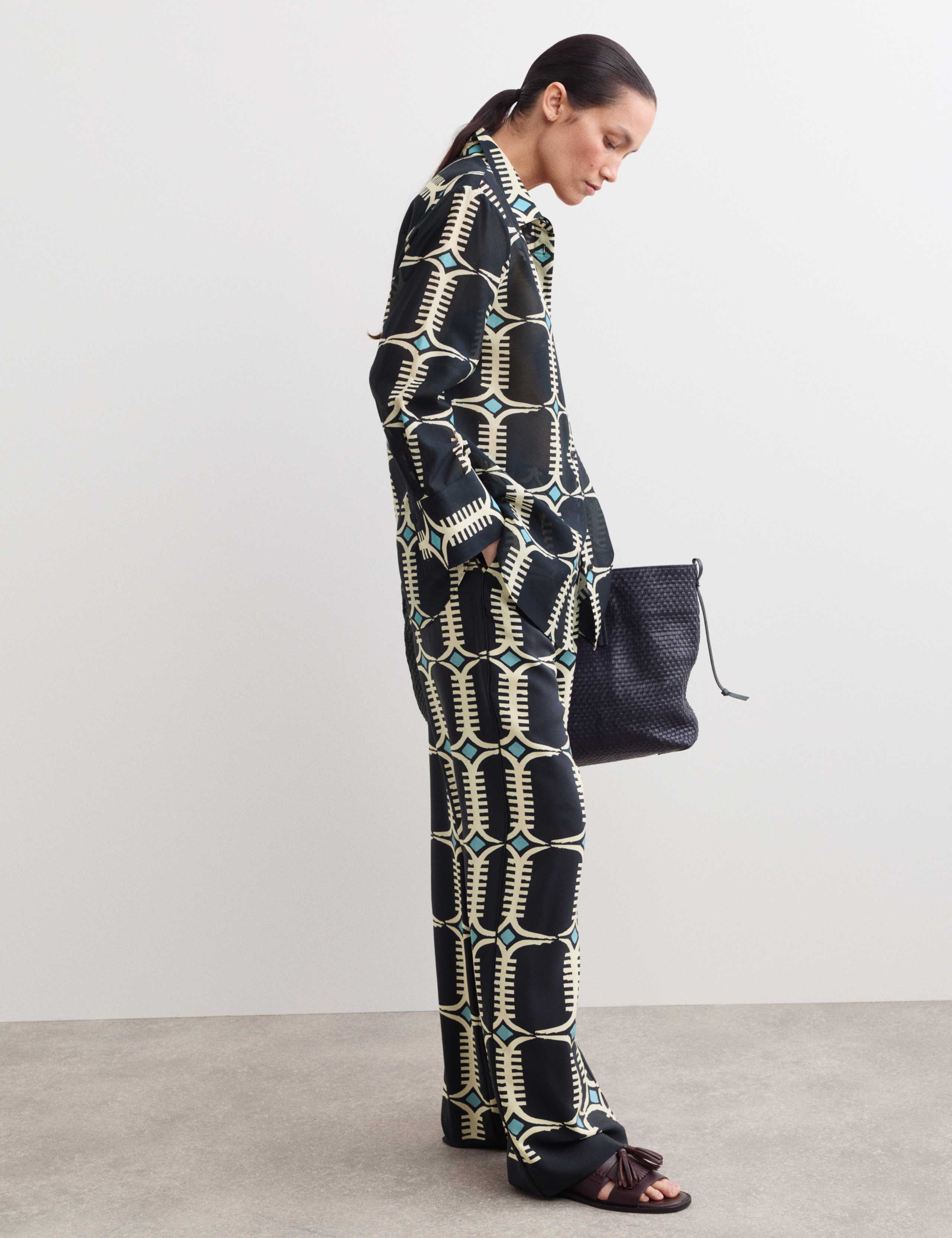 Pure Silk Geometric Print Wide Leg Trousers 5 of 6