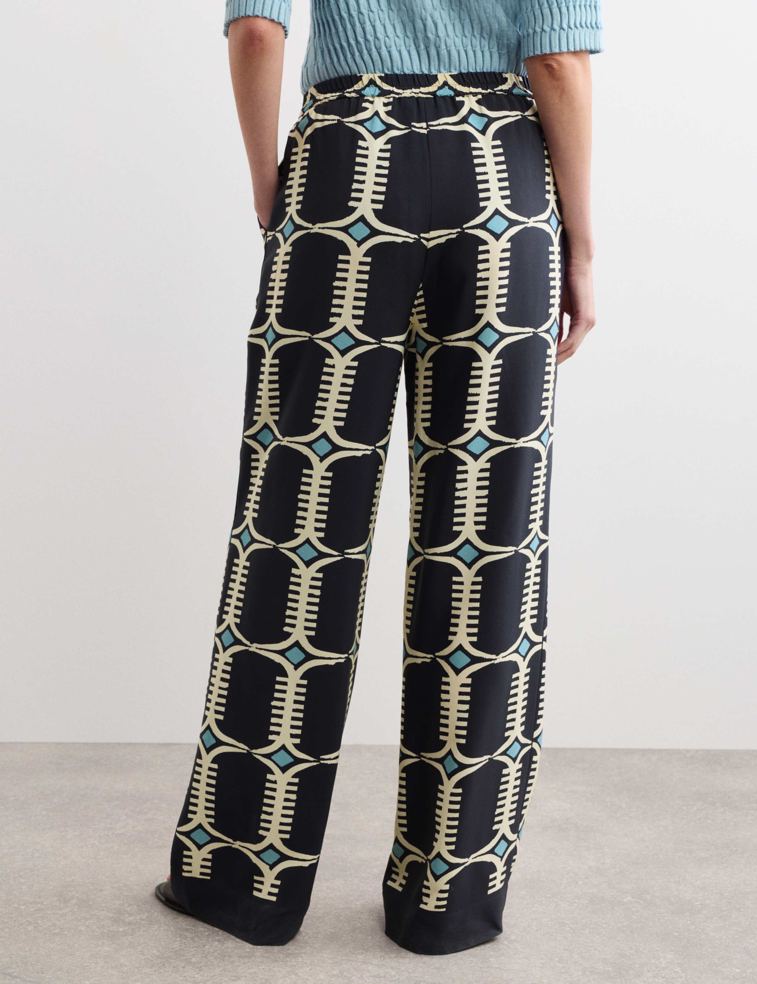 Pure Silk Geometric Print Wide Leg Trousers 6 of 6