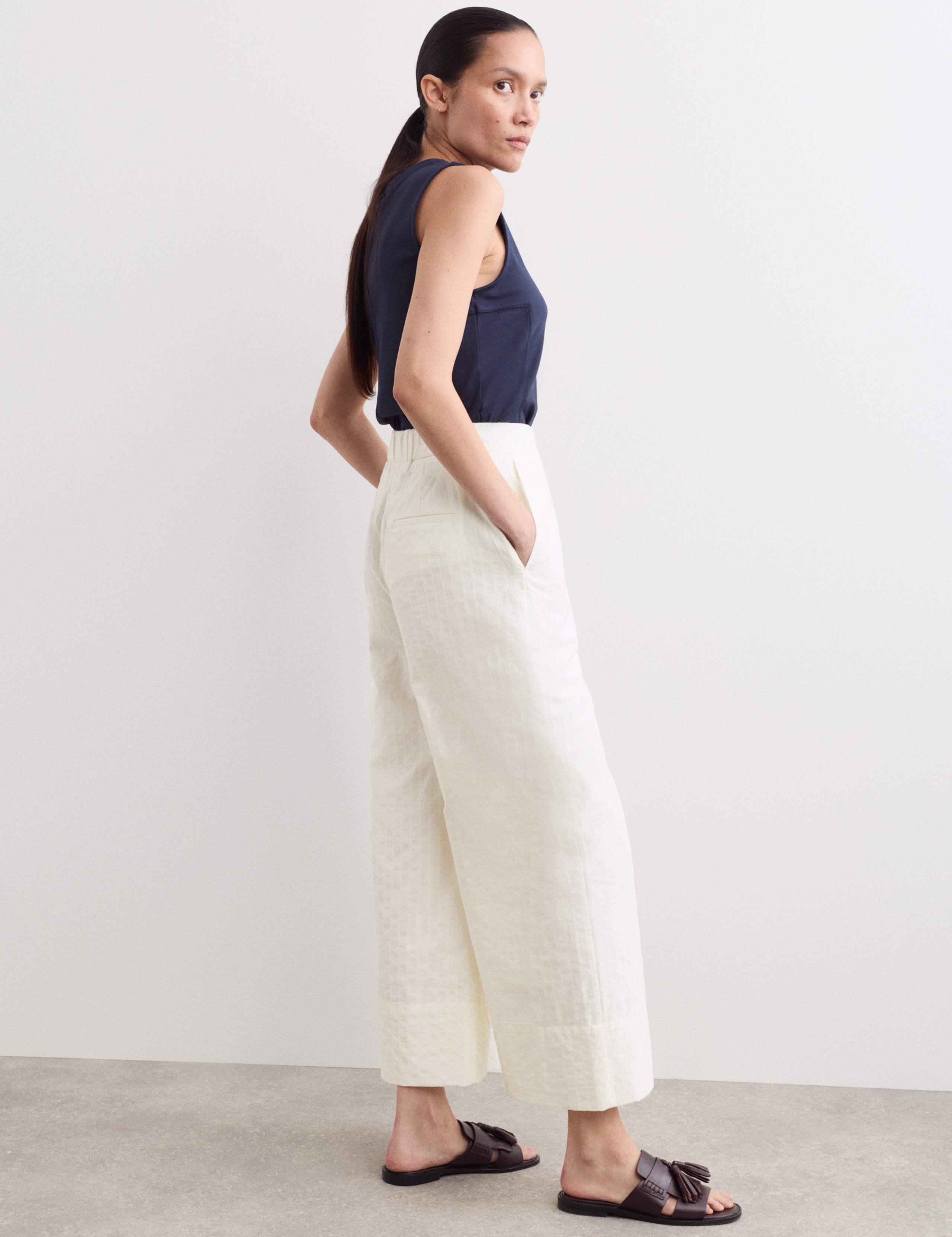 Pure Cotton Seersucker Wide Leg Trousers 4 of 5