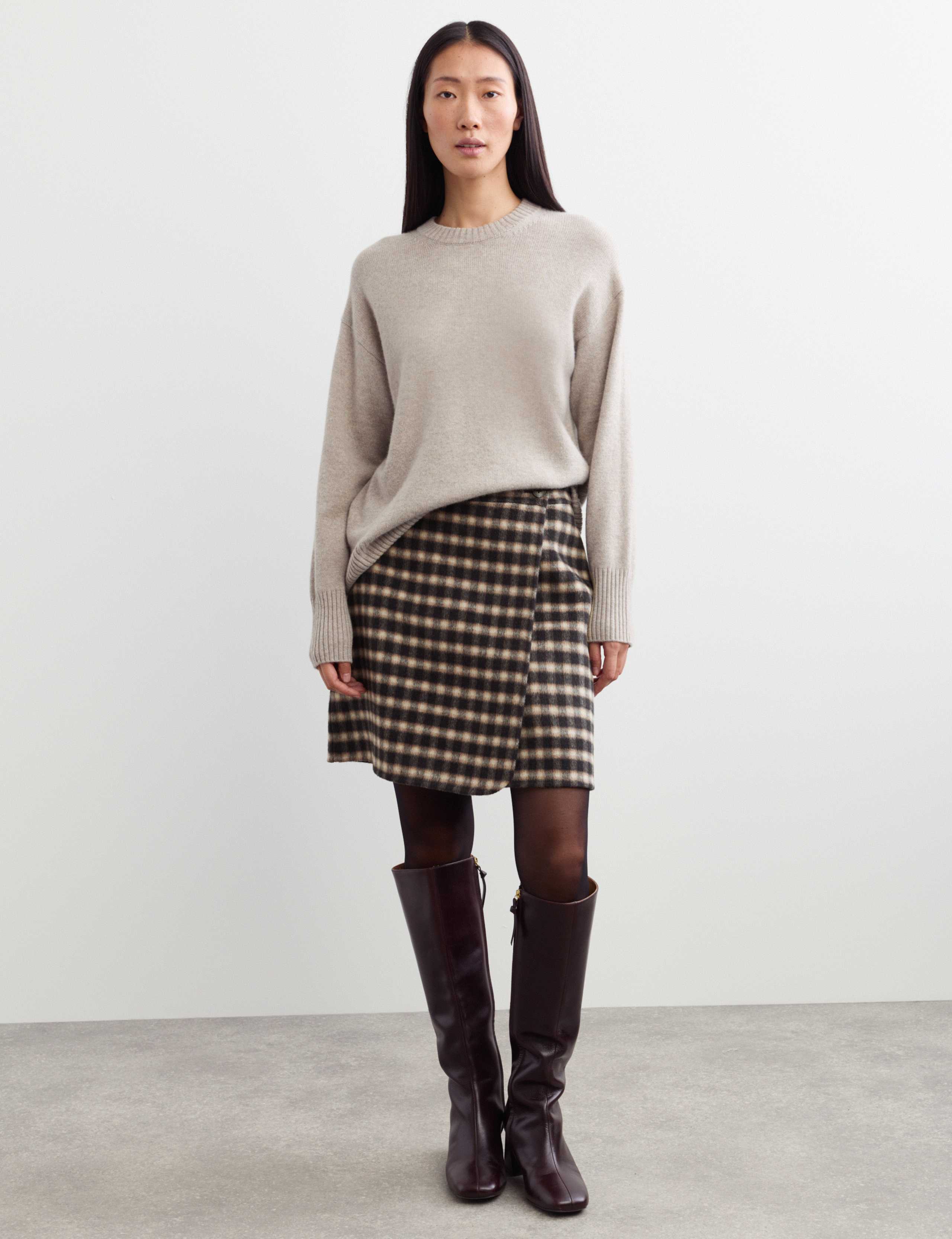 Double Faced Wool Checked Knee Length Wrap Skirt 1 of 7