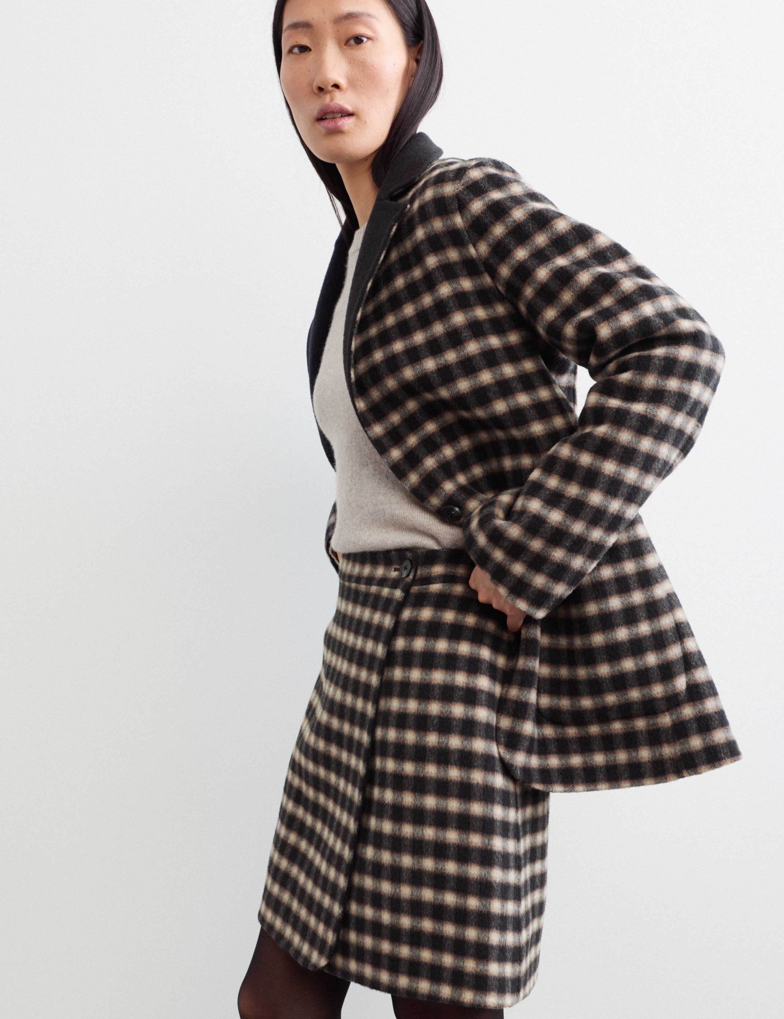 Double Faced Wool Checked Knee Length Wrap Skirt 3 of 7