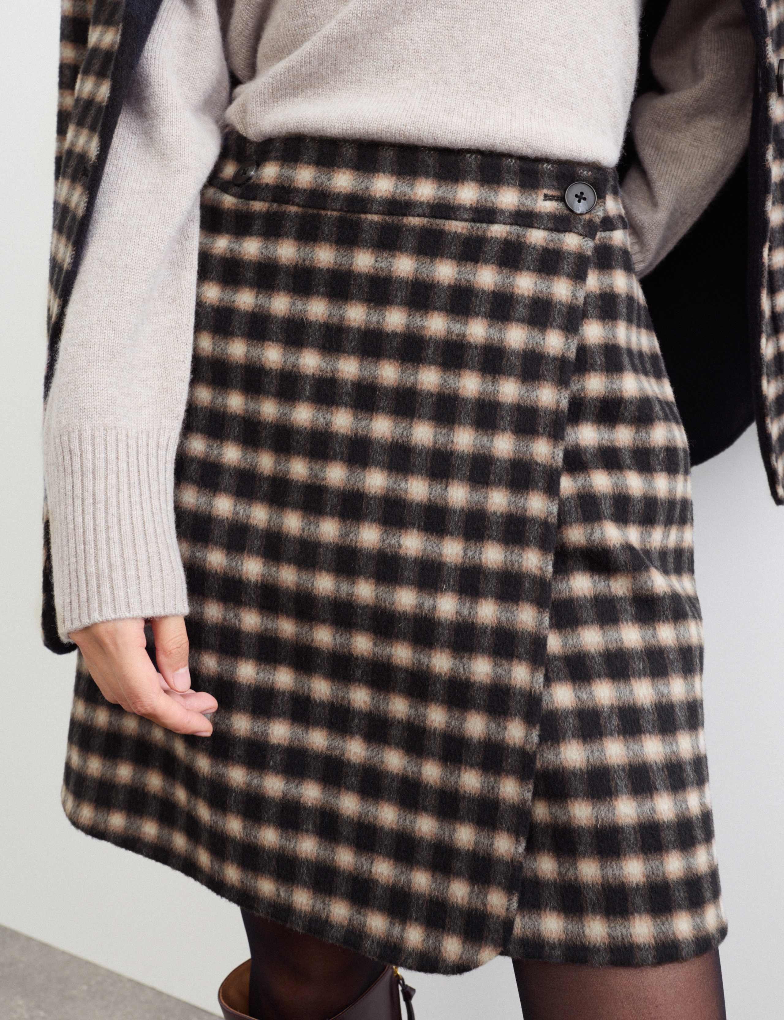 Double Faced Wool Checked Knee Length Wrap Skirt 4 of 7