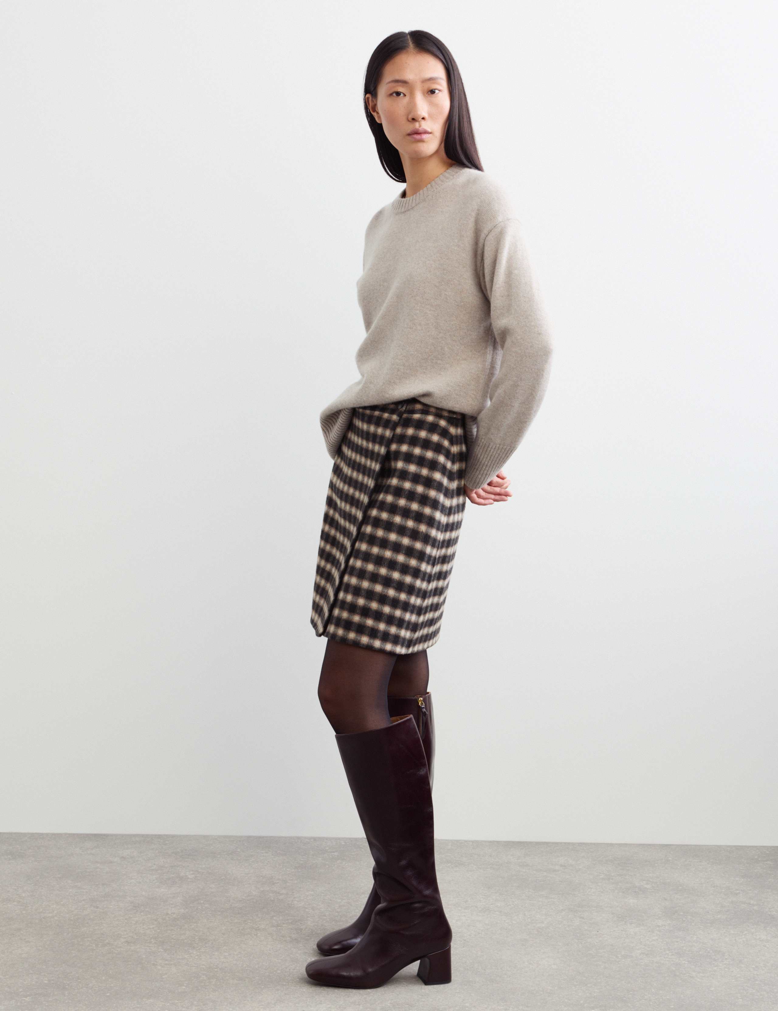 Double Faced Wool Checked Knee Length Wrap Skirt 5 of 7
