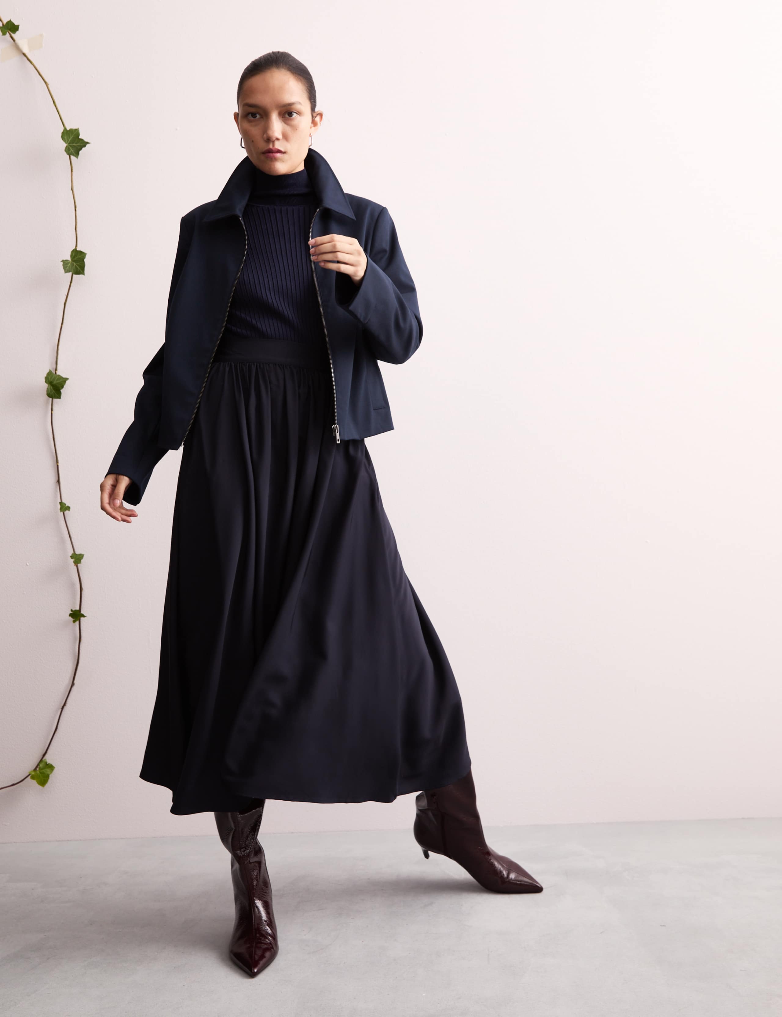 Pleated Twill Midi A-Line Skirt 1 of 7