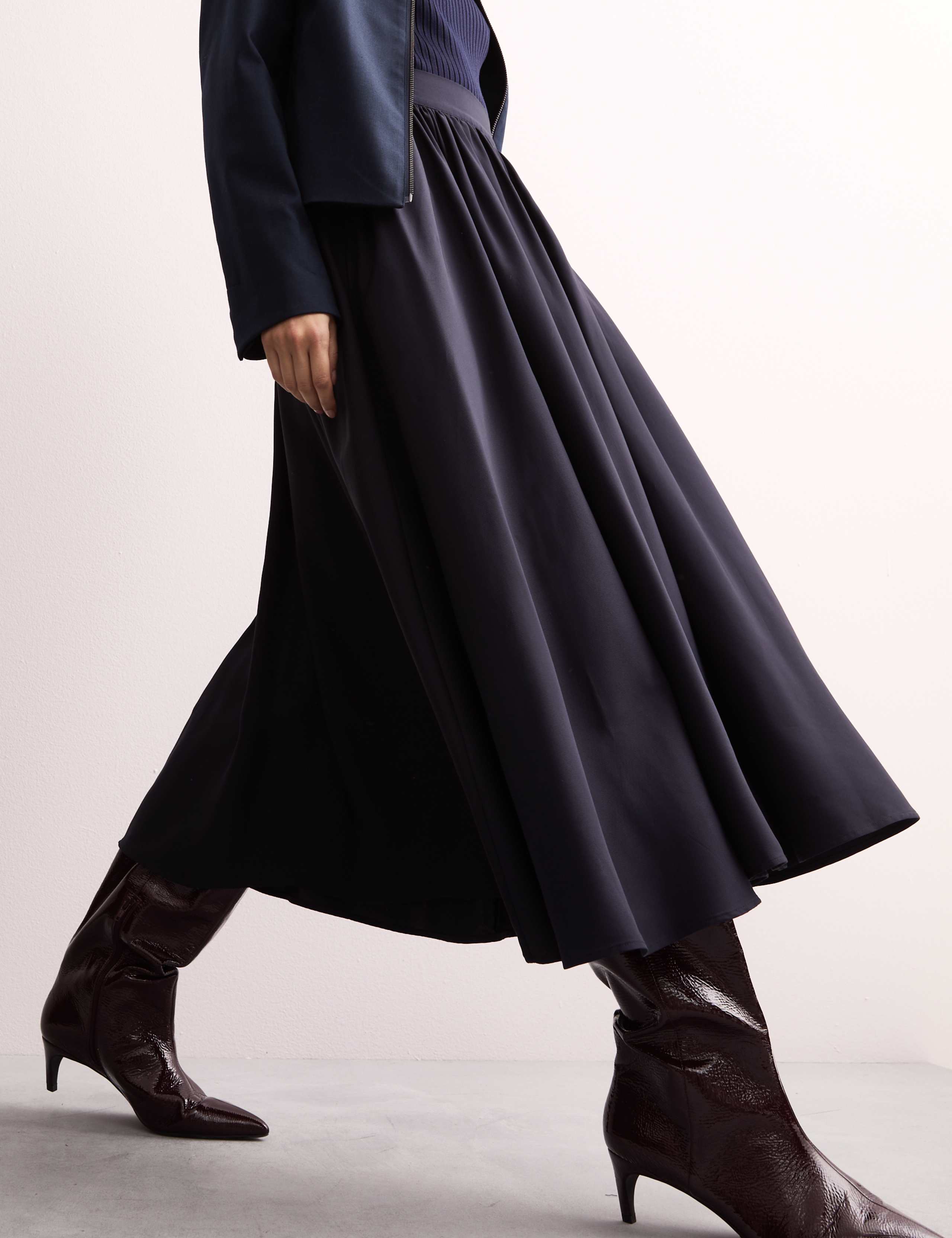 Pleated Twill Midi A-Line Skirt 3 of 7