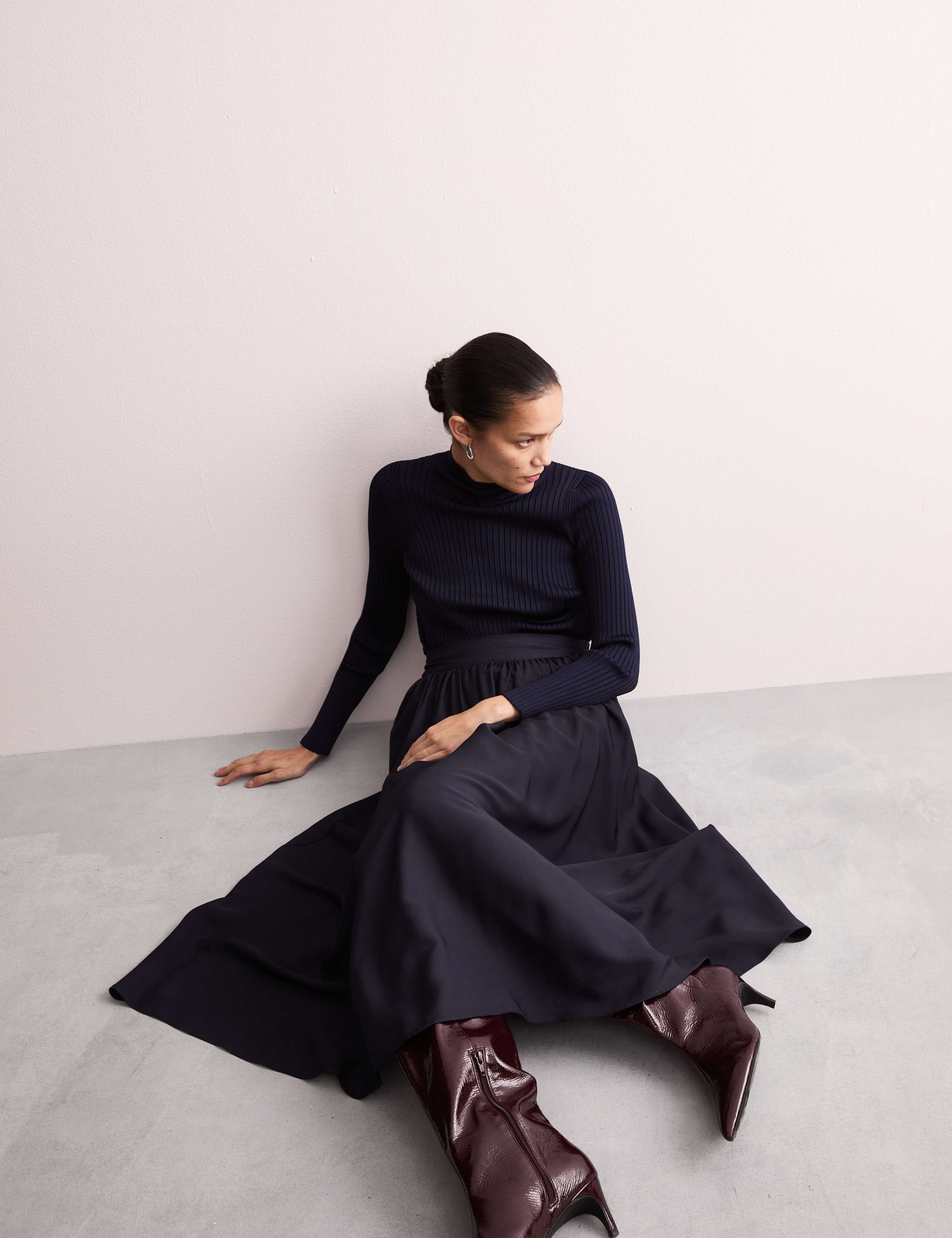 Pleated Twill Midi A-Line Skirt 4 of 7