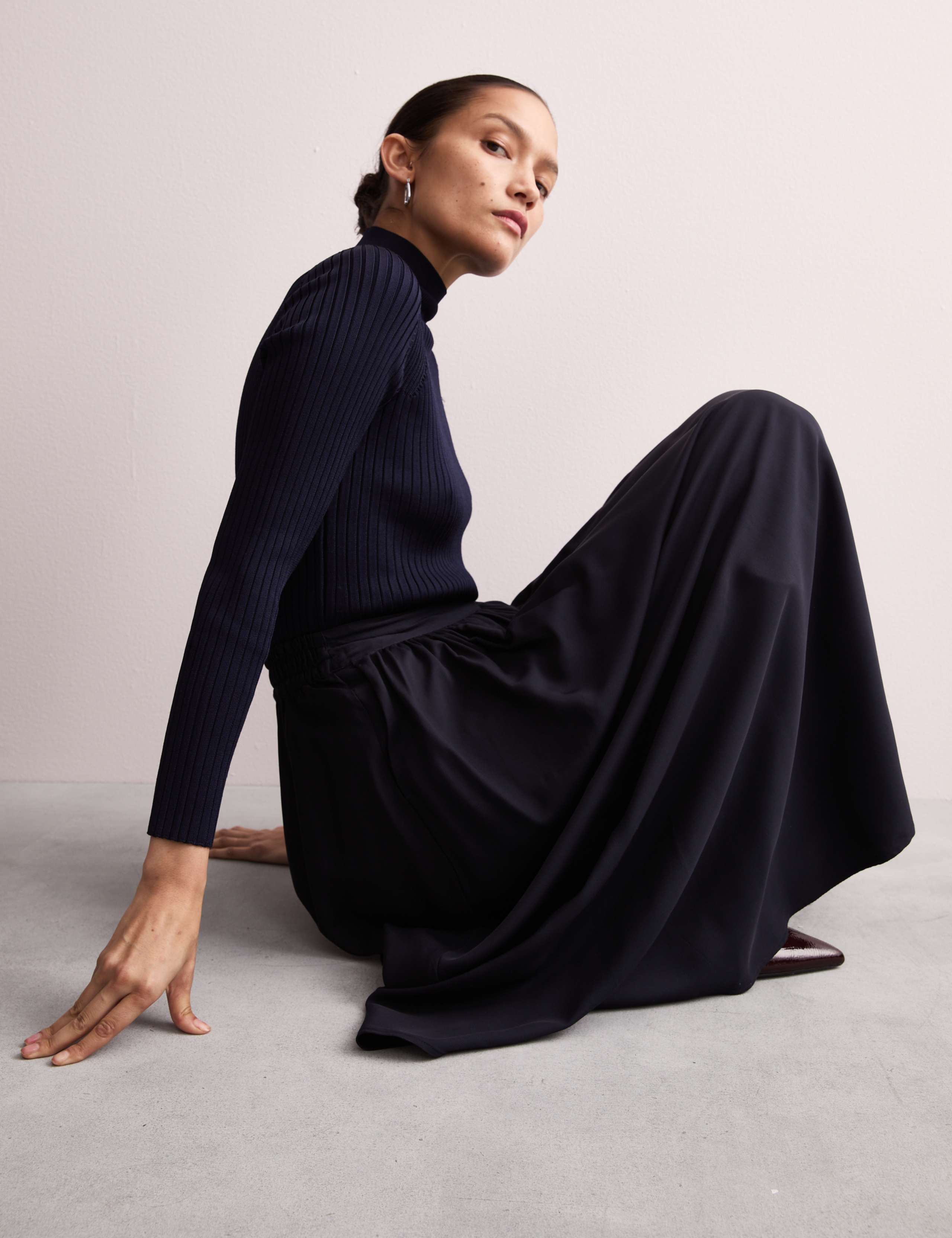 Pleated Twill Midi A-Line Skirt 6 of 7