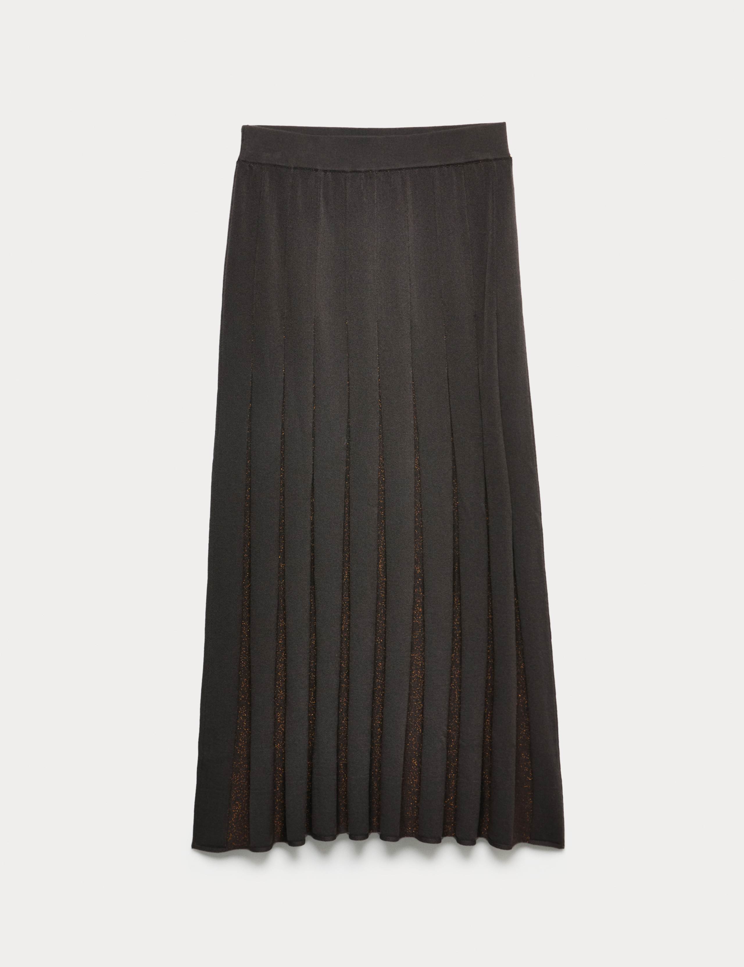 Wool Rich Metallic Pleated Knitted Midaxi A-Line Skirt 2 of 7