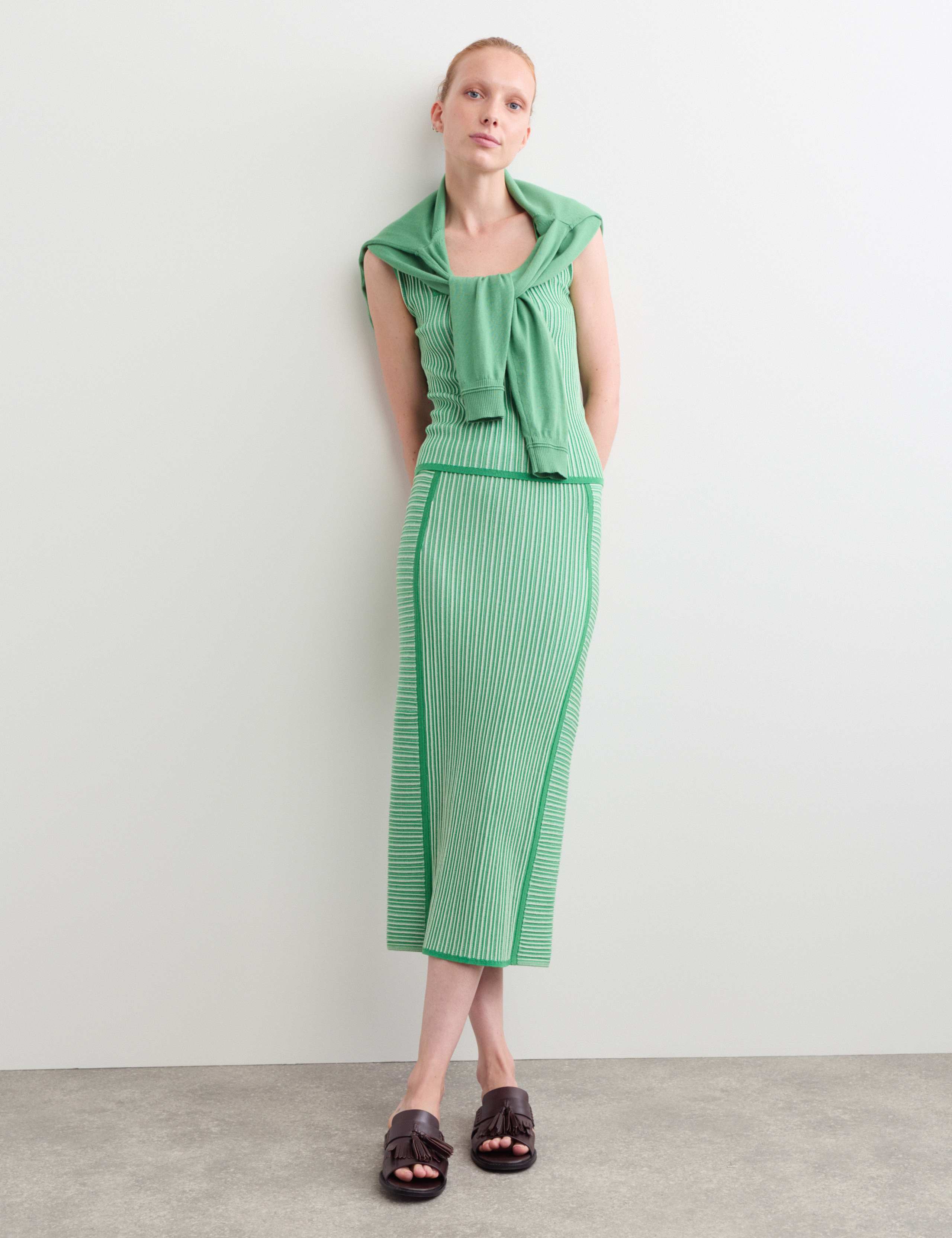 Lyocell Rich Striped Midi Column Skirt 1 of 6