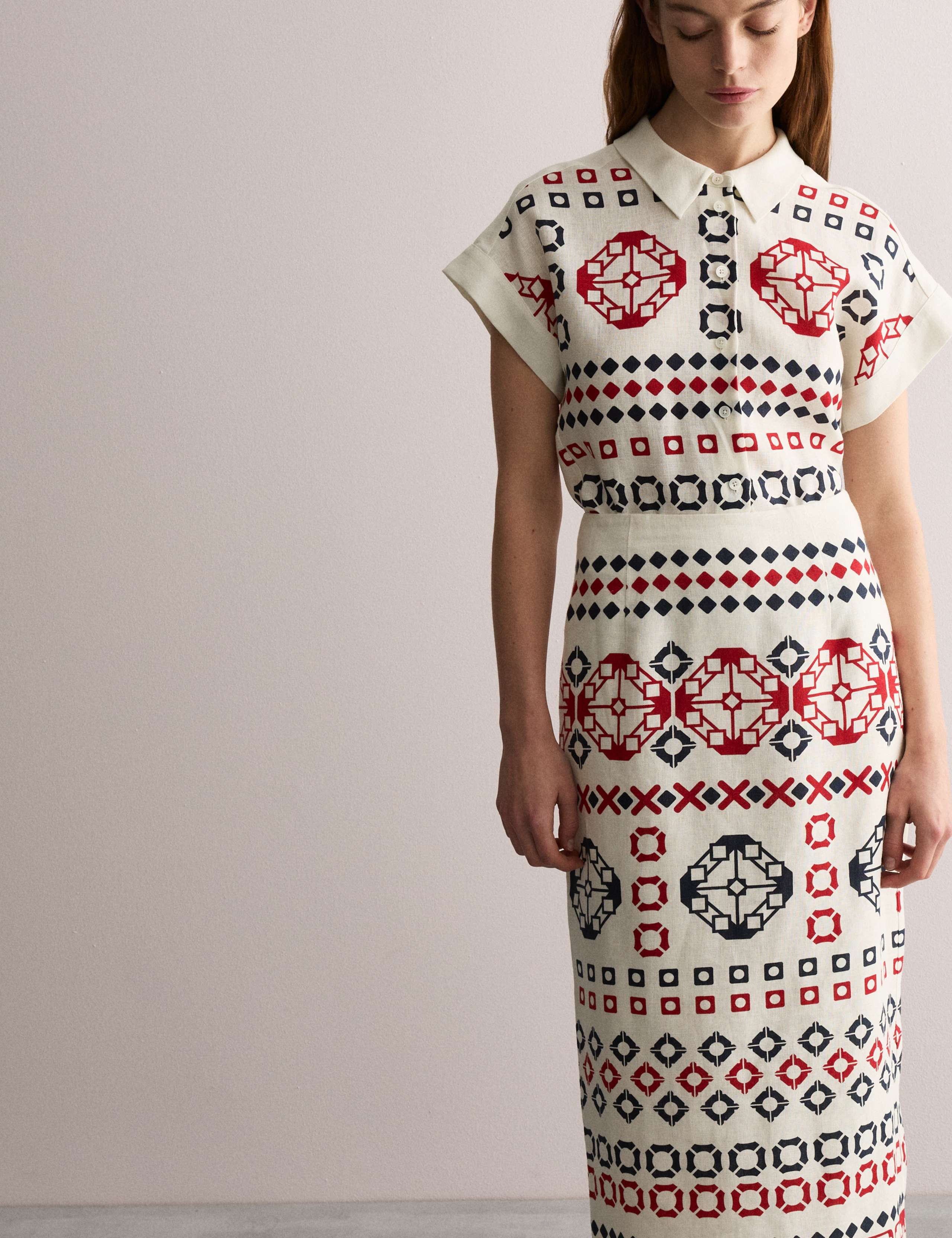 Pure Linen Geometric Midi Column Skirt 4 of 7