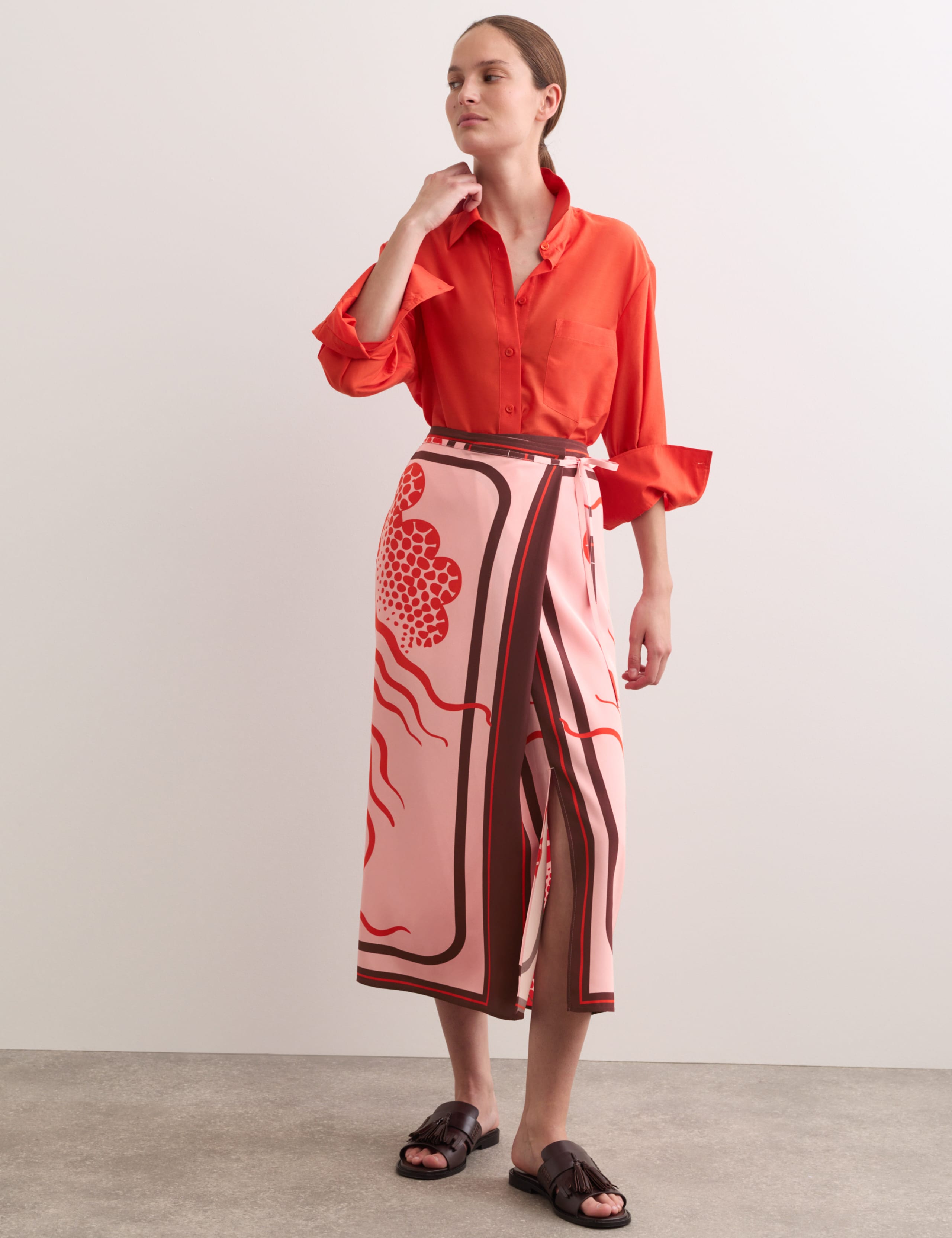 Pure Silk Linear Wave Print Midi Wrap Skirt 1 of 7