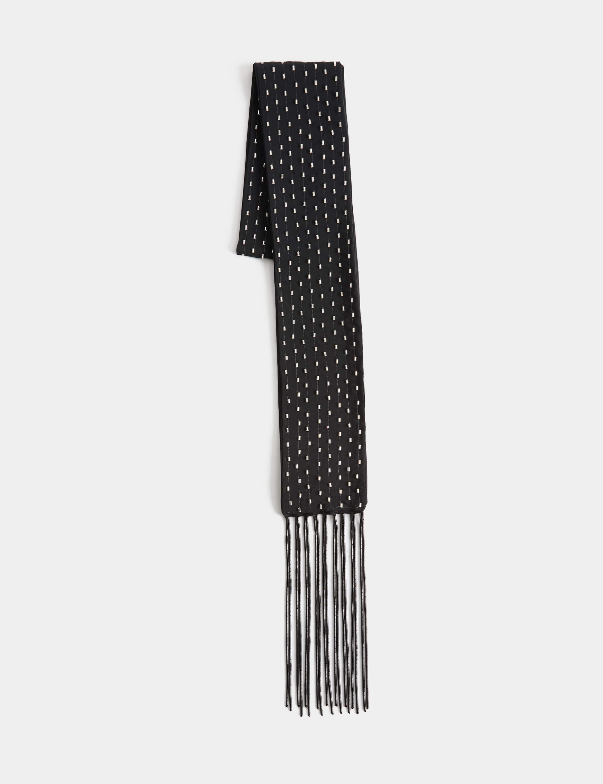 Pure Silk Beaded Tie Skinny Scarf 1 of 2