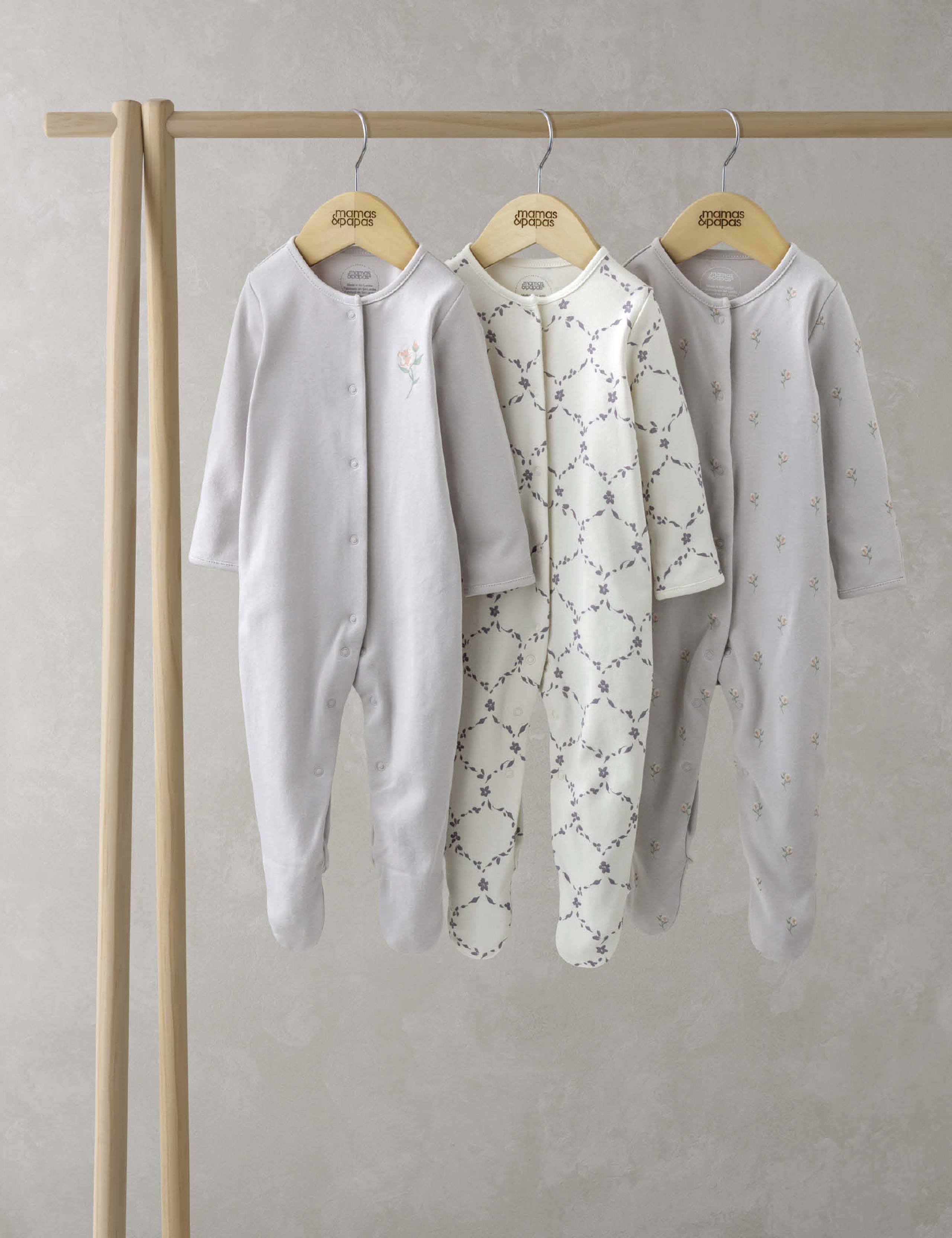 3 Pack Pure Cotton Trellis Print Sleepsuits (0-24 Mths) 1 of 2