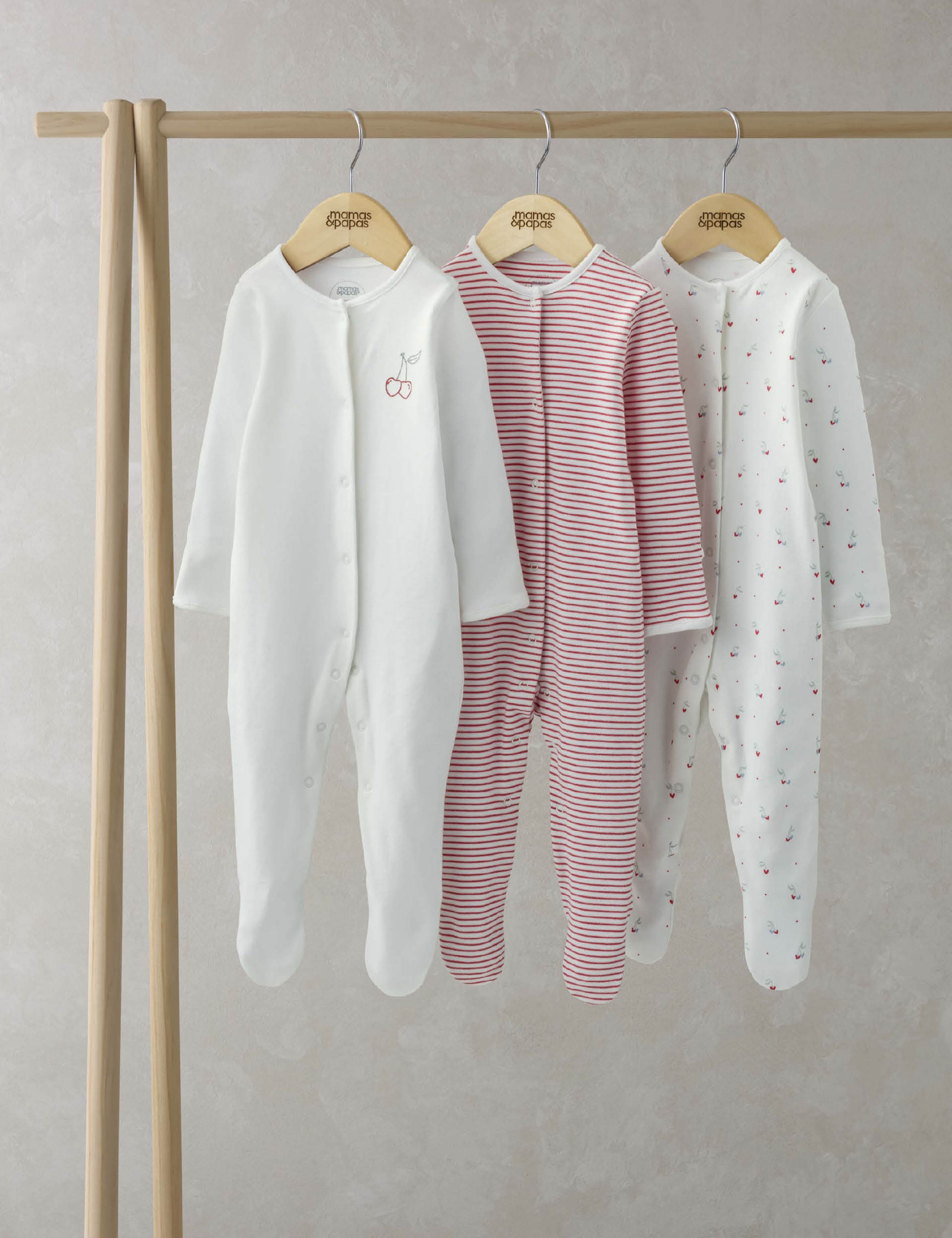 3 Pack Pure Cotton Cherry Print Sleepsuits (0-24 Mths) 1 of 2