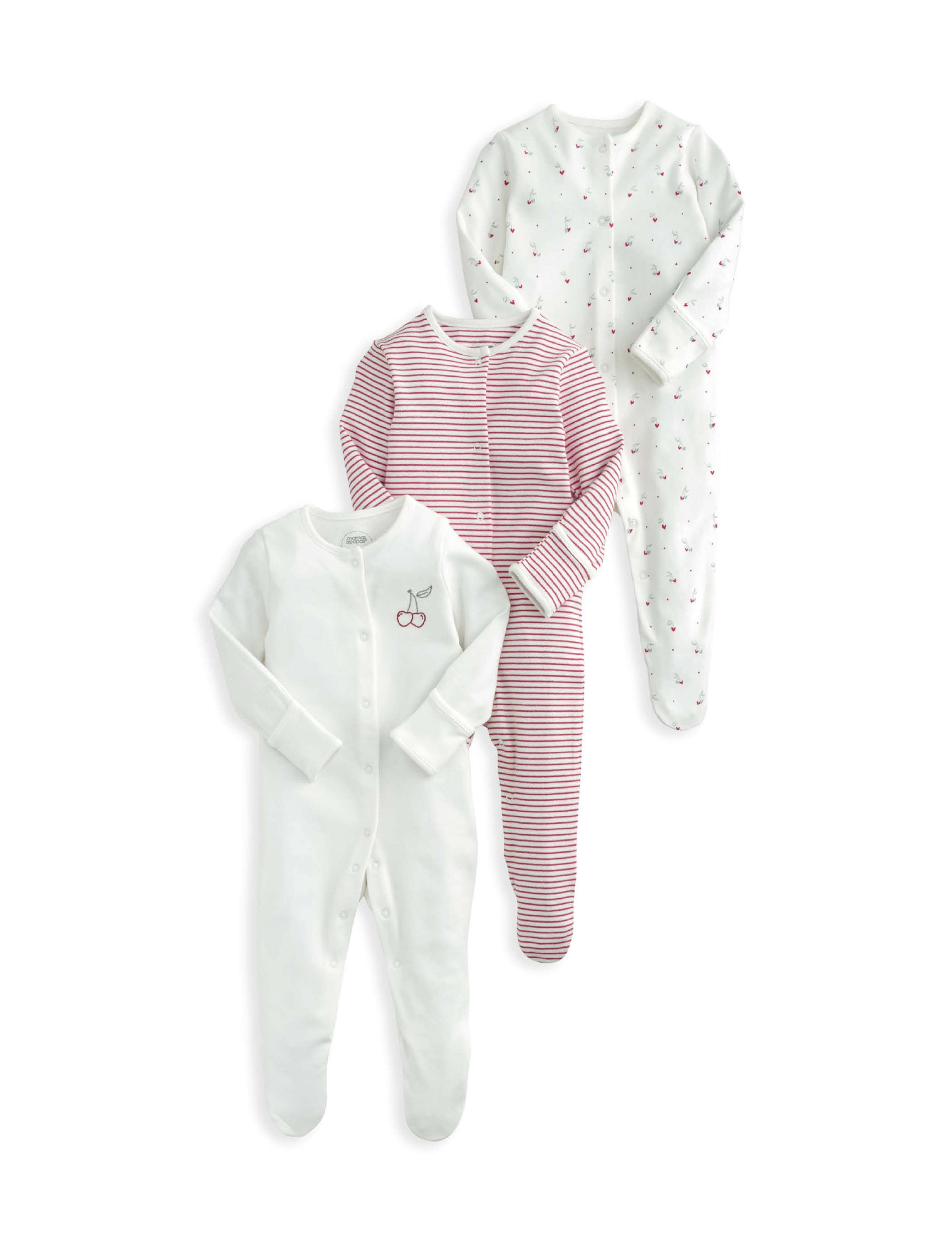 3 Pack Pure Cotton Cherry Print Sleepsuits (0-24 Mths) 2 of 2