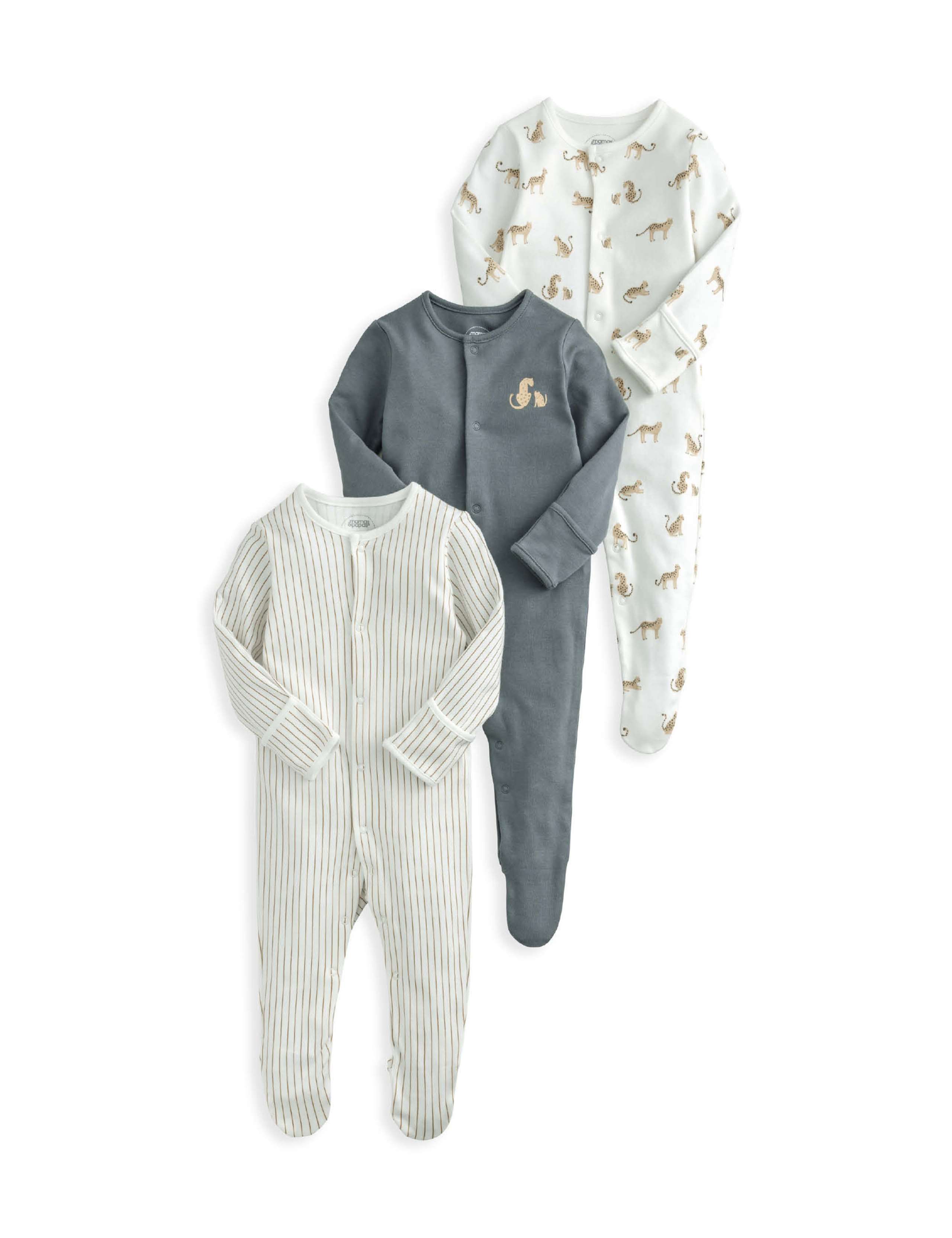 3pk Pure Cotton Leopard & Stripe Sleepsuits (0-24 Mths) 2 of 2