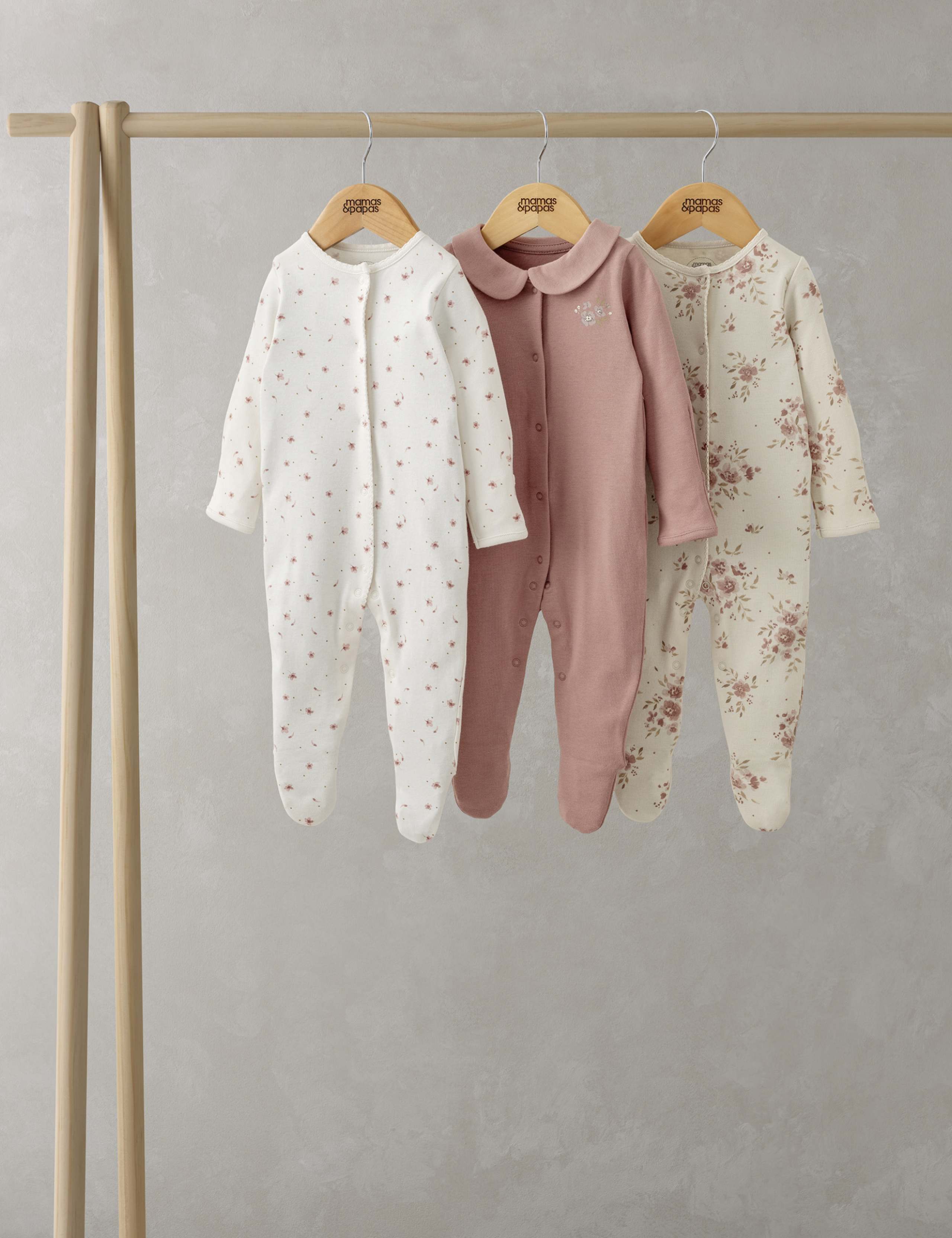 3 Pack Pure Cotton Floral Sleepsuits (0-24 Mths) 1 of 2