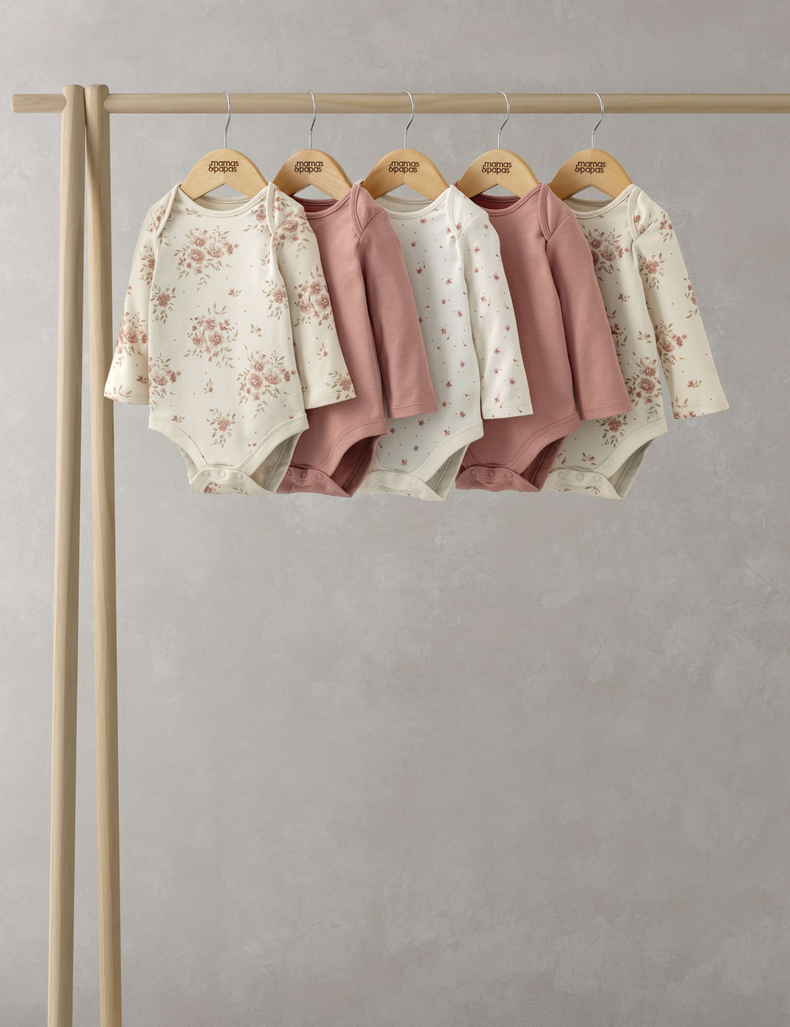 5 Pack Pure Cotton Floral & Plain Bodysuits (0-24 Mths) 1 of 2