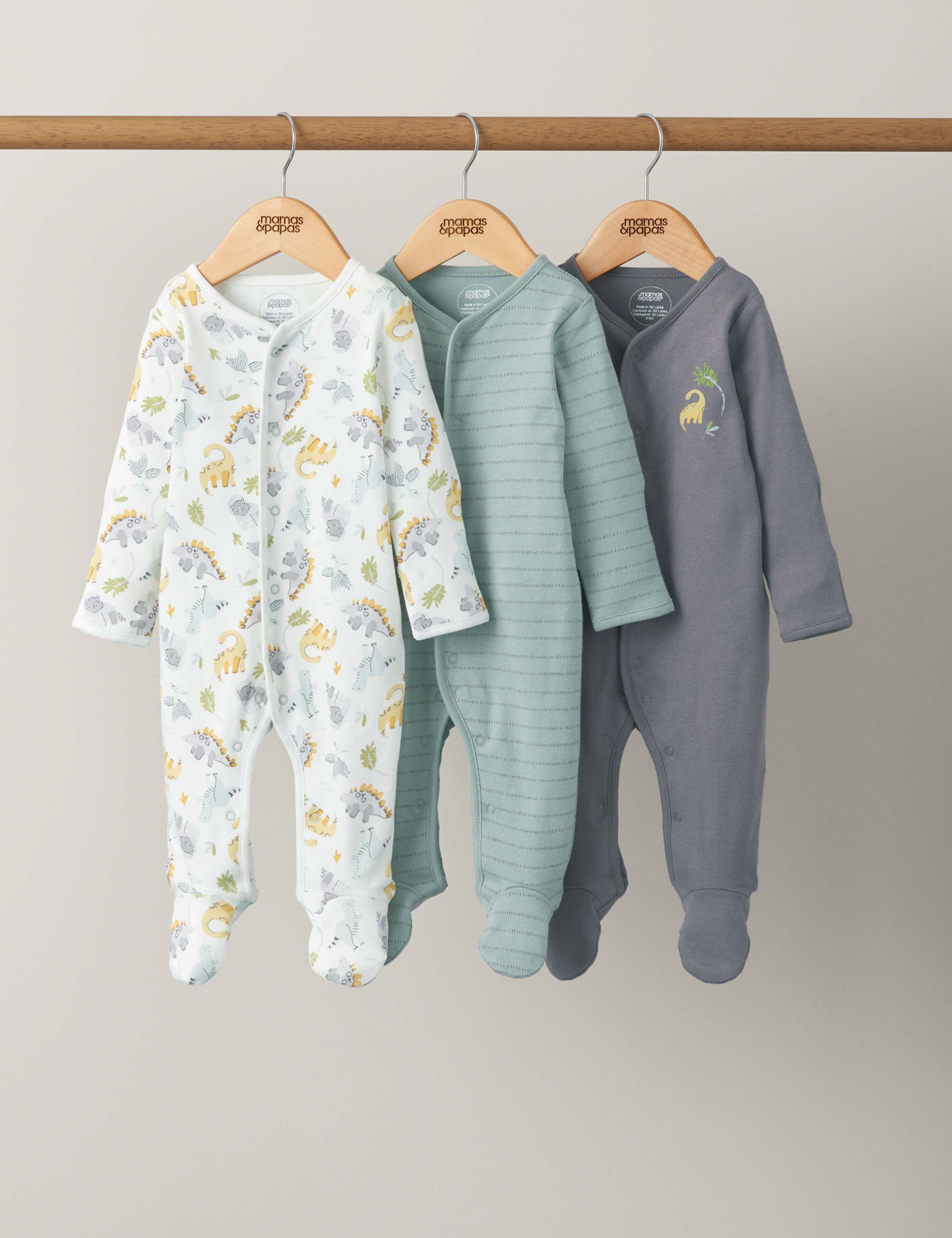 3pk Pure Cotton Dinosaur Sleepsuits (7lbs-2 Yrs) 1 of 2