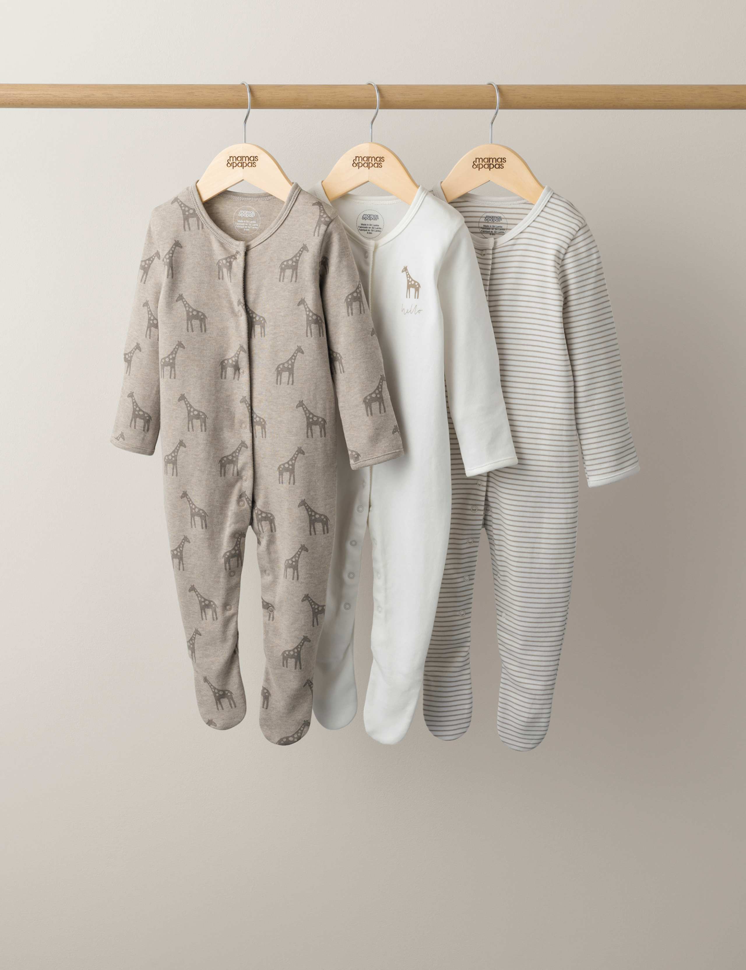 3pk Pure Cotton Giraffe Sleepsuits (7lbs-2 Yrs) 1 of 2