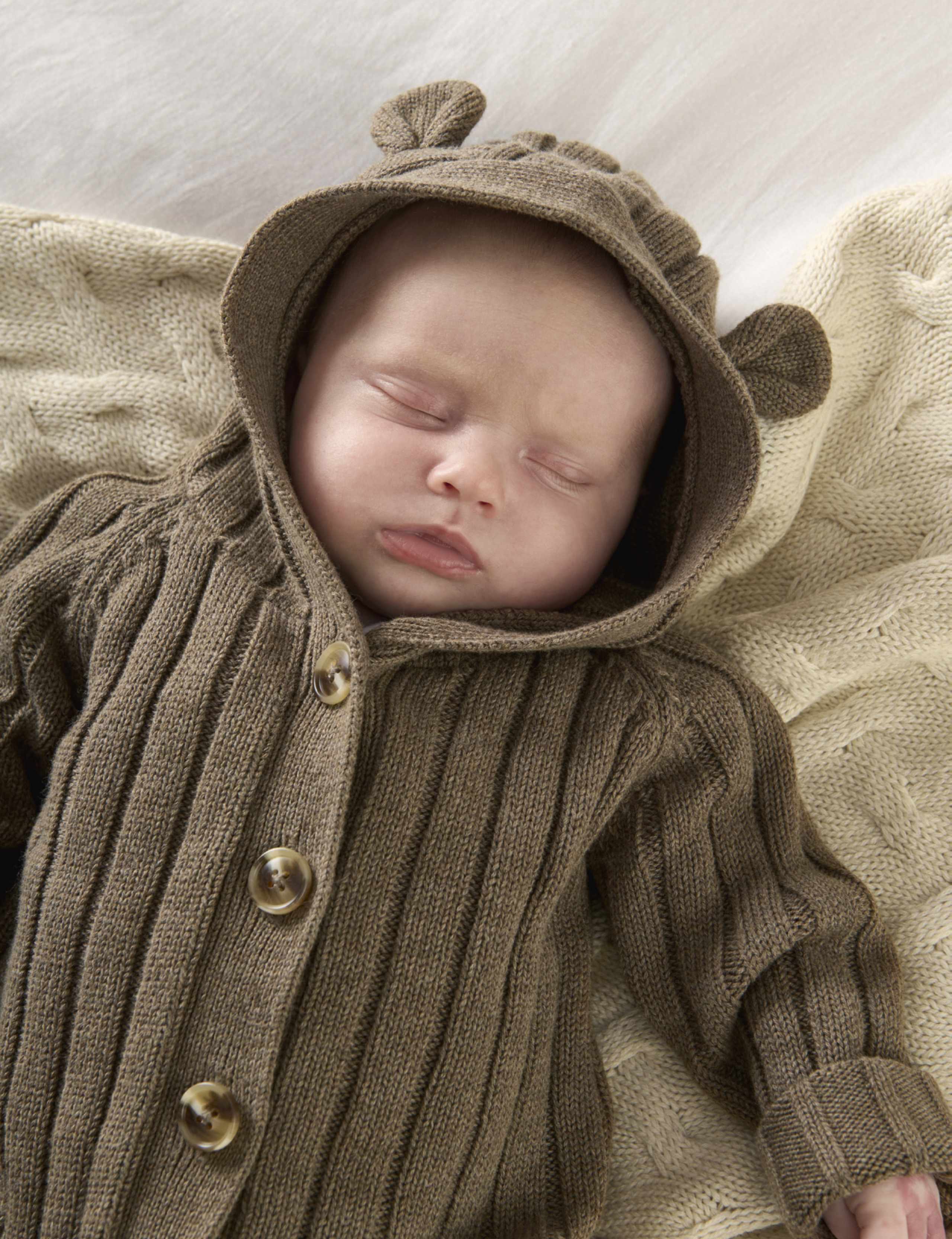 Pure Cotton Knitted Hooded Romper (7lbs-12 Mths) | Mamas