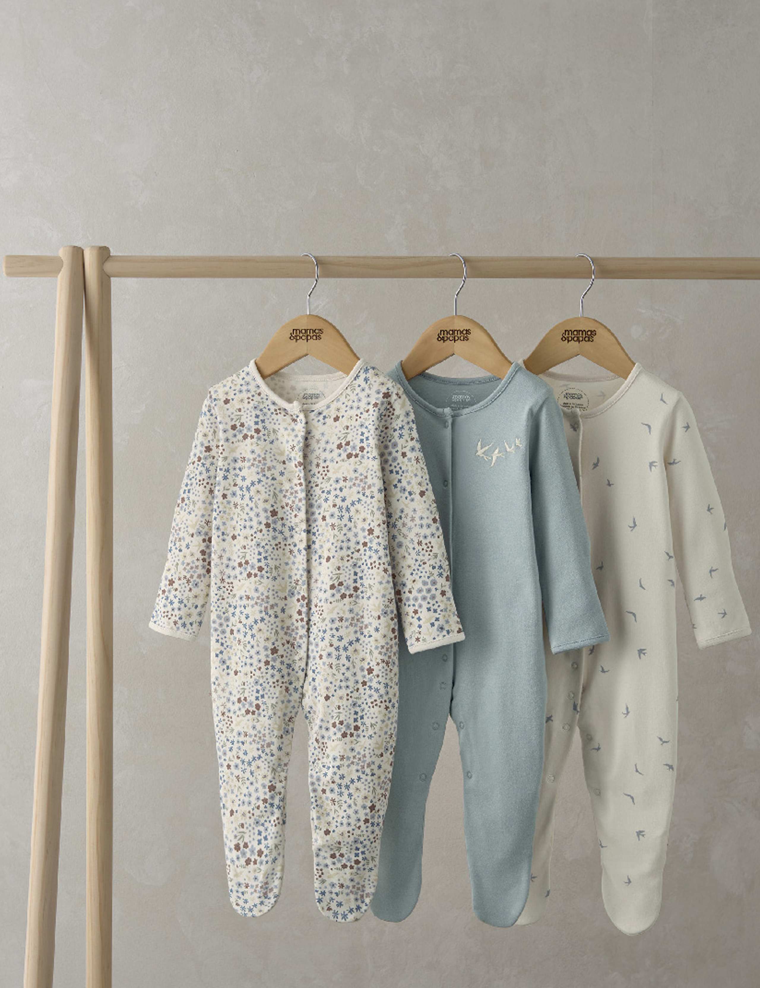 3 Pack Pure Cotton Floral & Bird Sleepsuits (0-24 Mths) 1 of 2