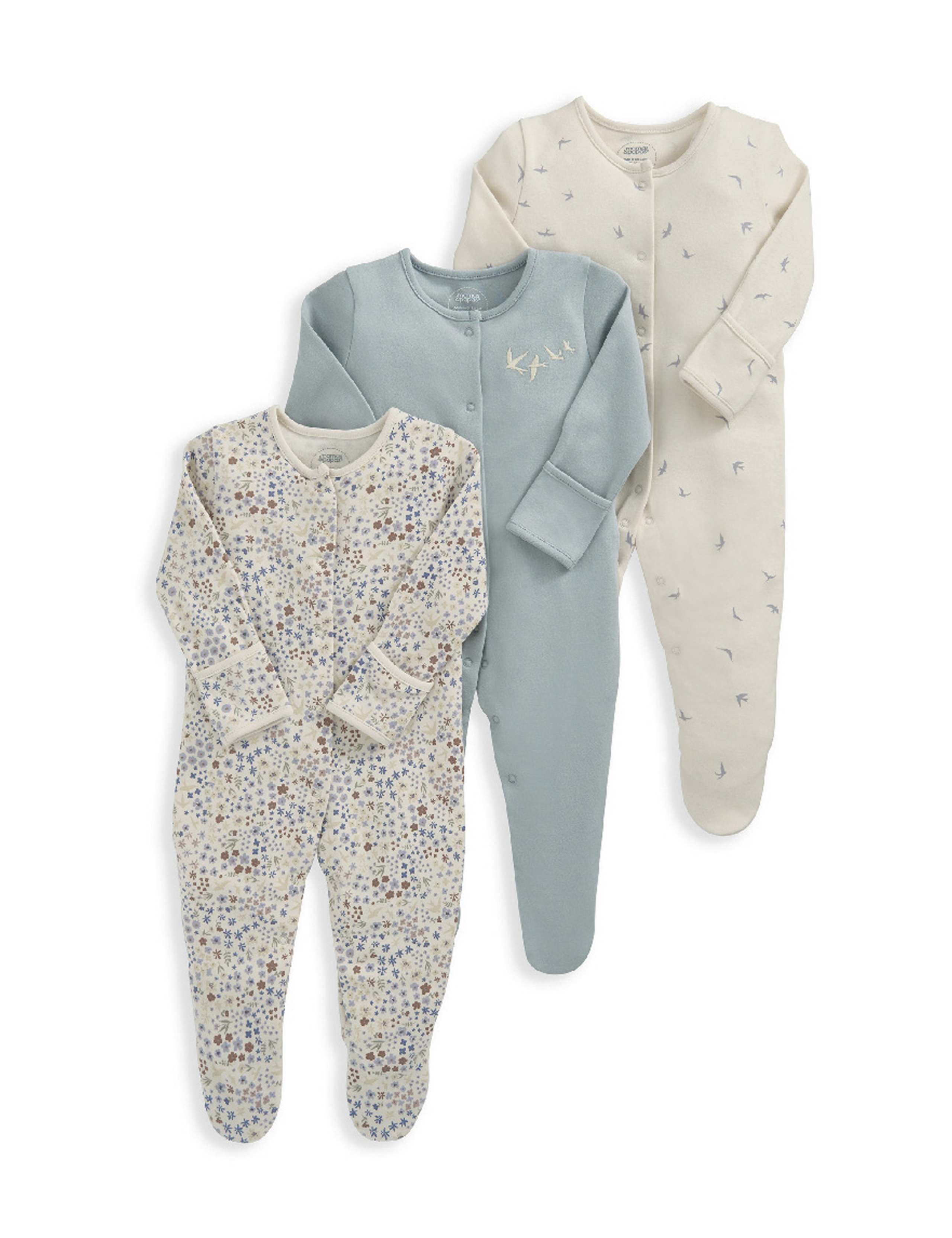 3 Pack Pure Cotton Floral & Bird Sleepsuits (0-24 Mths) 2 of 2