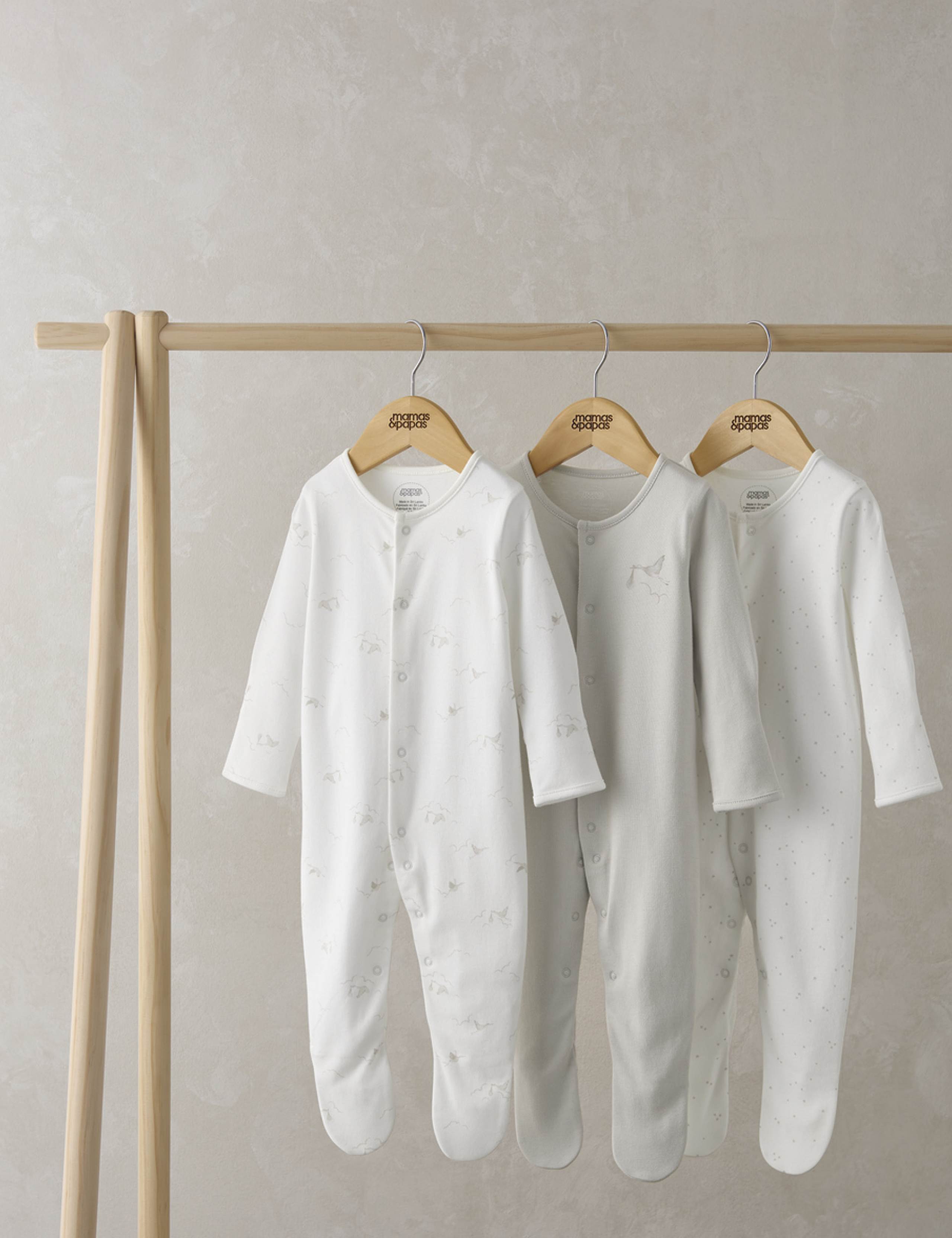 3 Pack Pure Cotton Stork Print Sleepsuits (0-24 Mths) 1 of 2