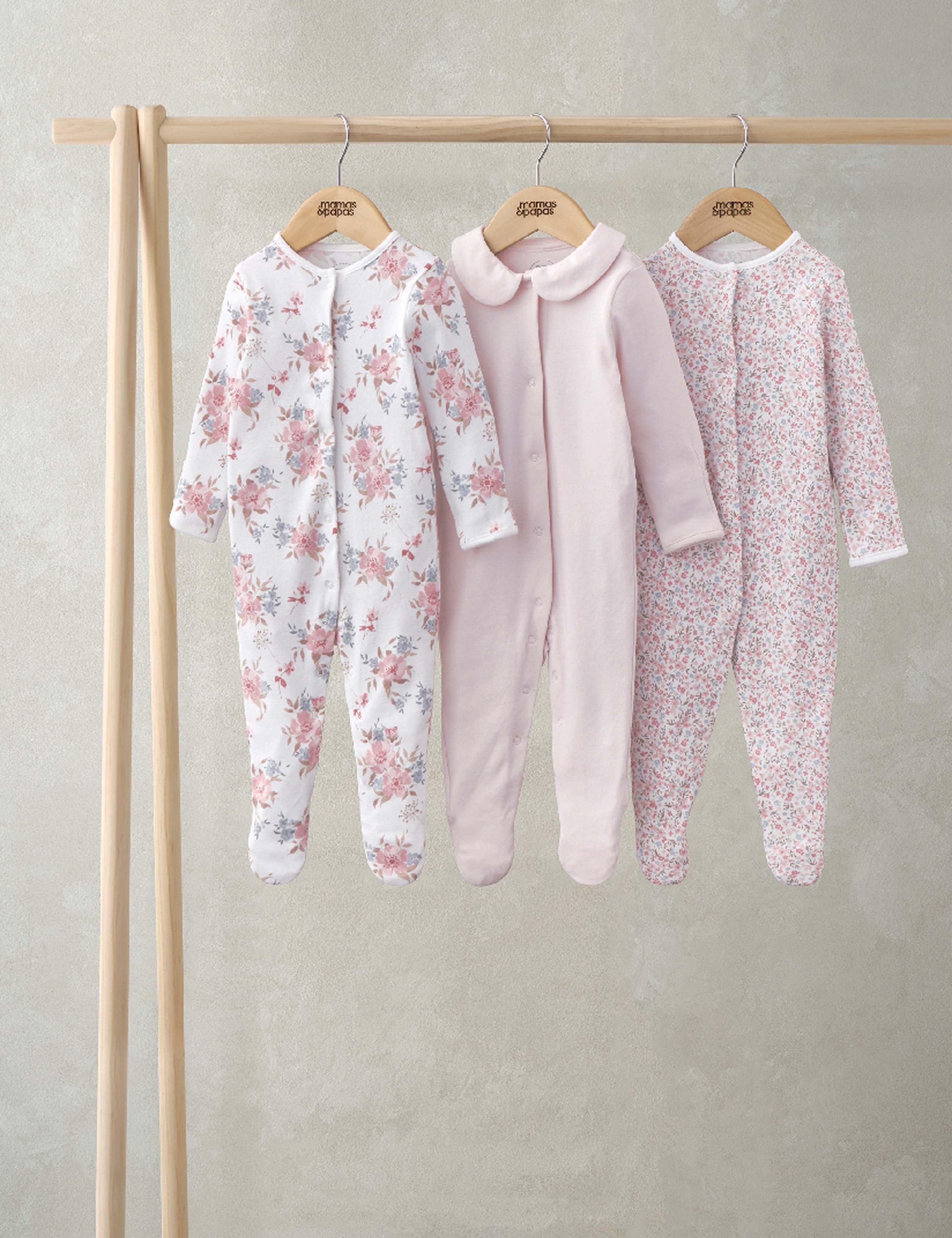 3 Pack Pure Cotton Floral Sleepsuits (0-24 Mths) 1 of 2