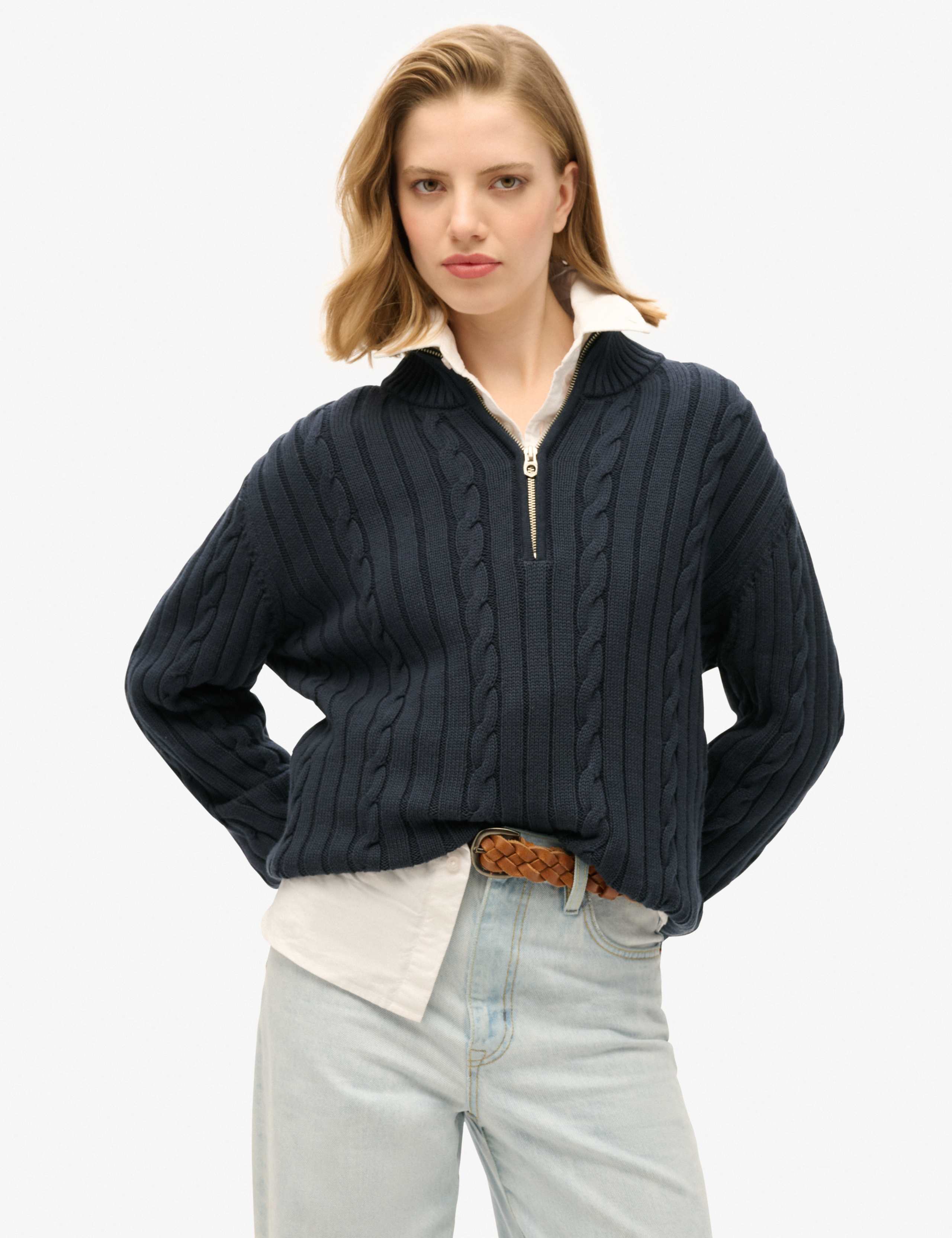 Pure Cotton Cable Knit Half Zip Jumper 1 of 6