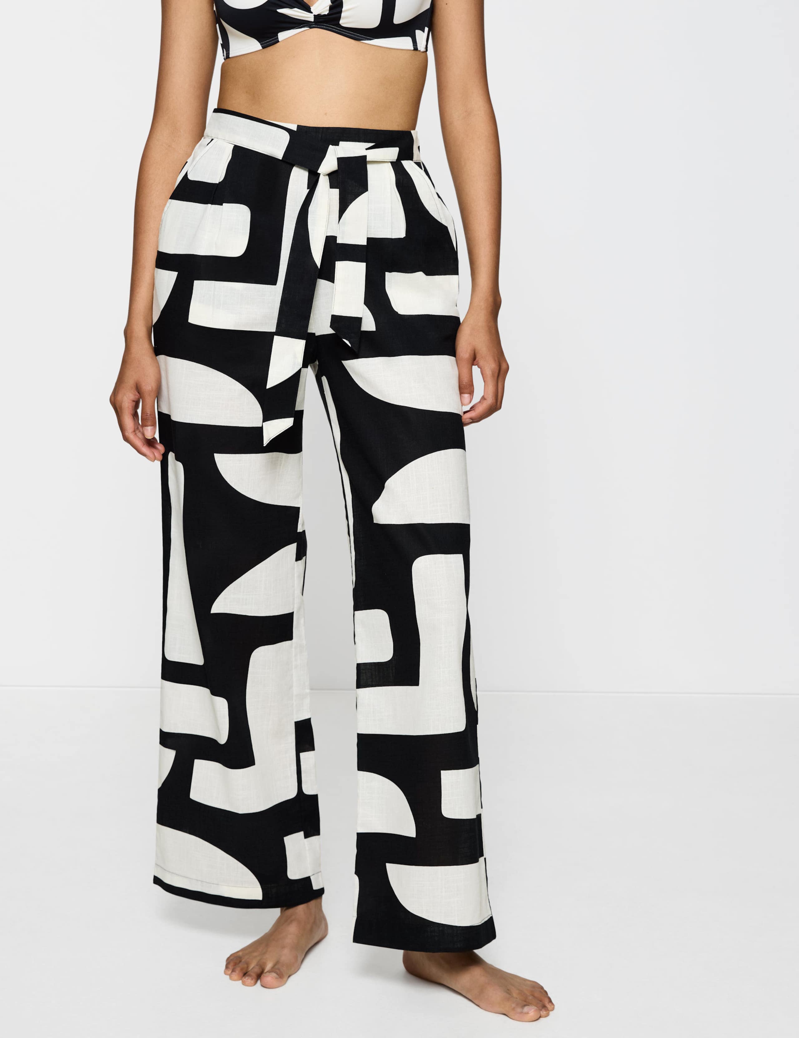 Pure Cotton Geometric Belted Trousers 3 of 5