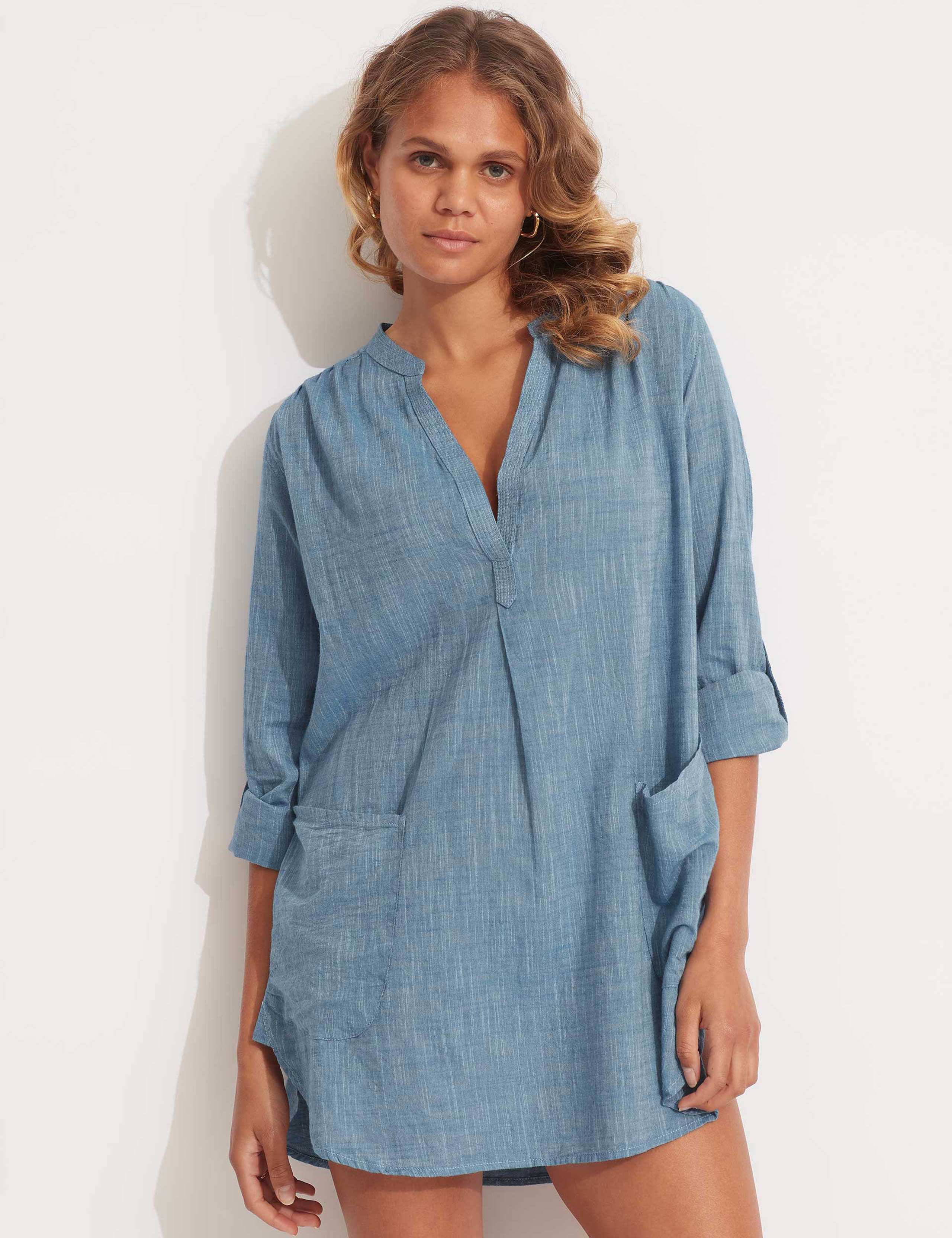 Pure Cotton V-Neck Beach Cover Up Shirt 5 of 5
