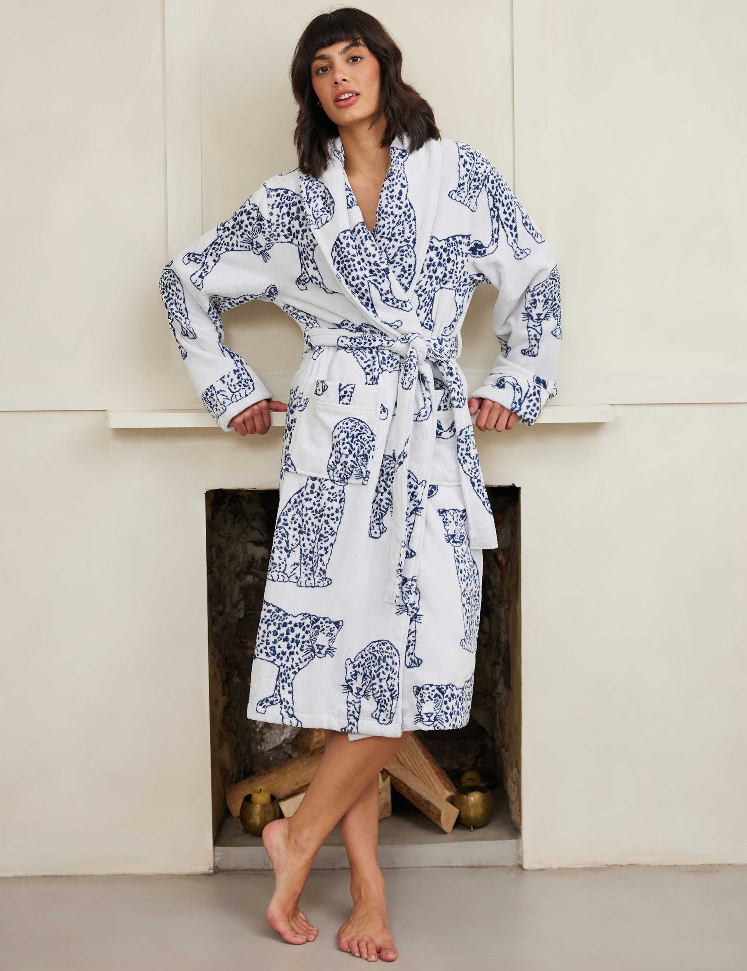 Pure Cotton Towelling Leopard Tie Robe 1 of 4