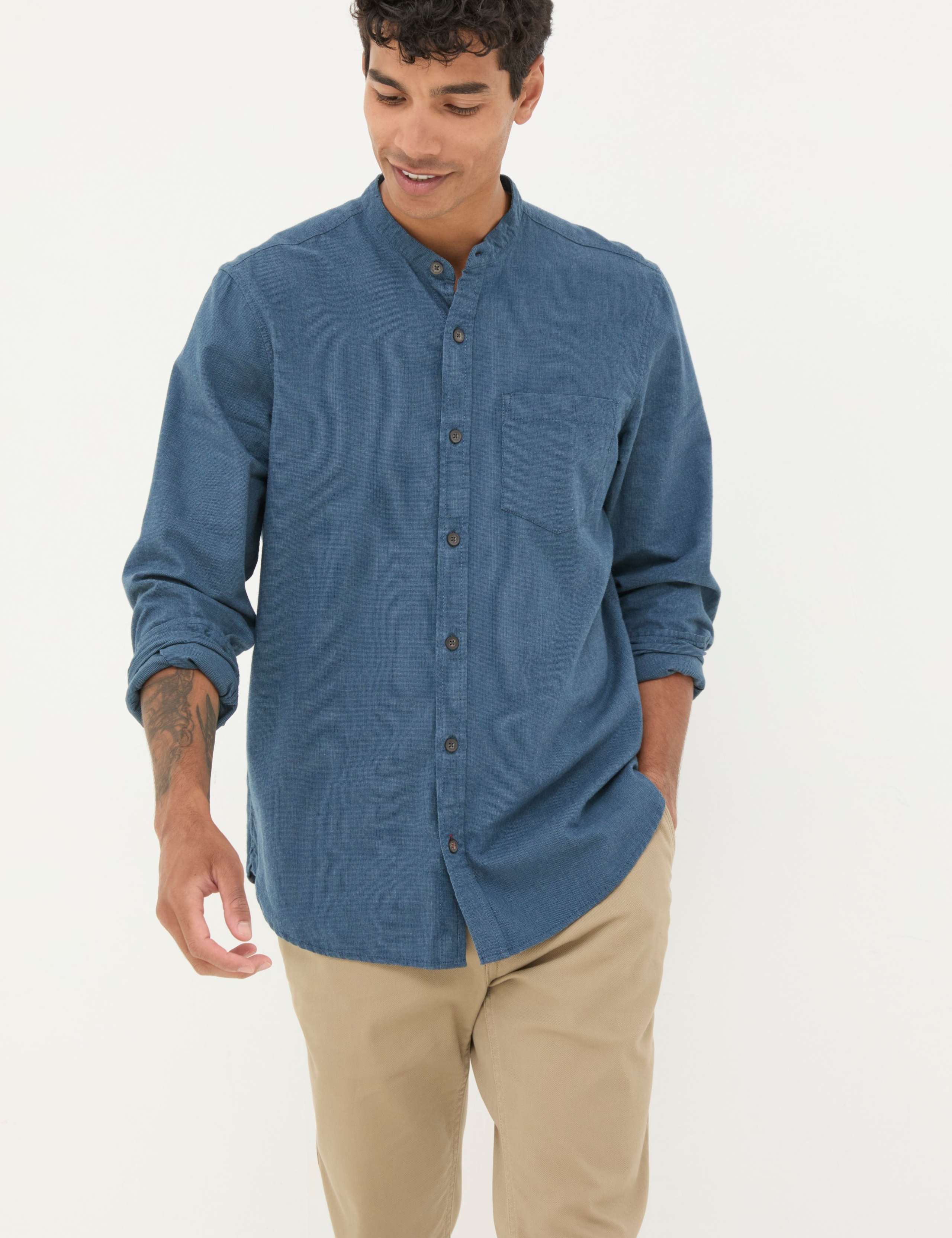 Pure Cotton Grandad Collar Oxford Shirt 1 of 5