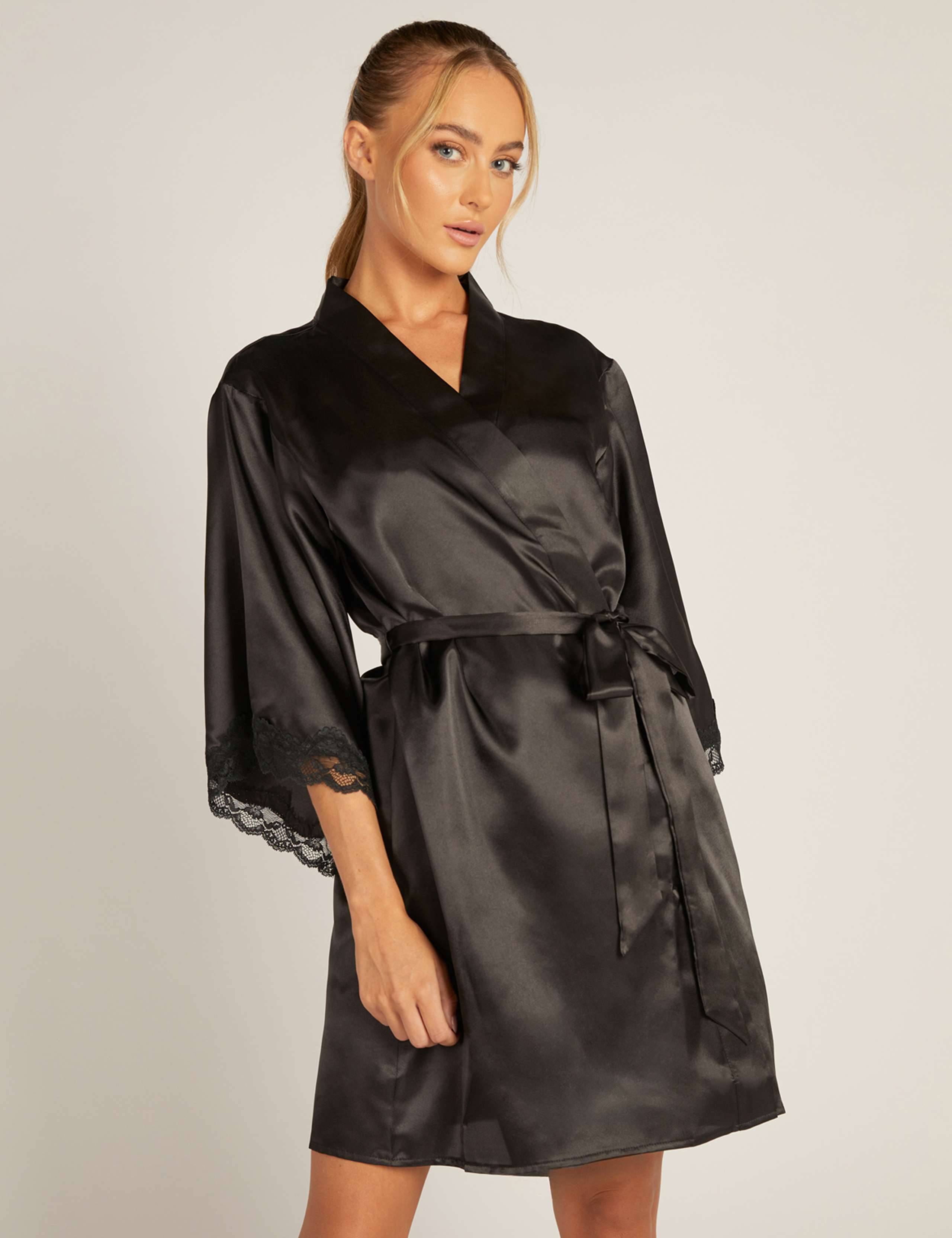 Amelia Satin Lace Trim Short Robe 1 of 4