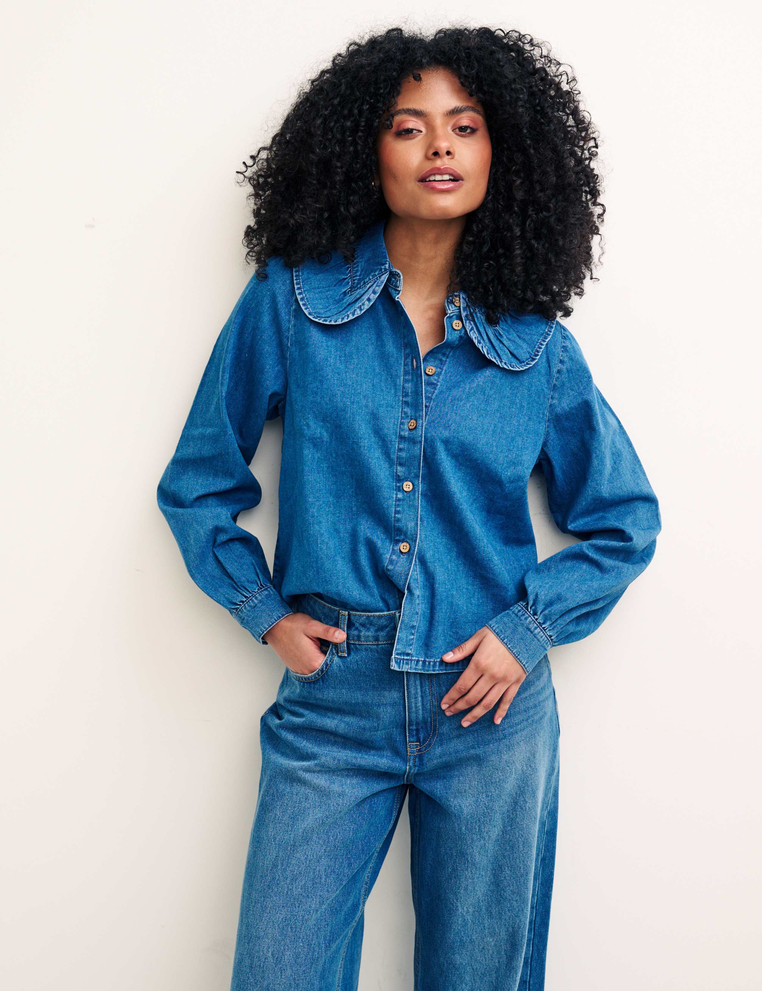 Denim Collared Blouson Sleeve Blouse 1 of 5