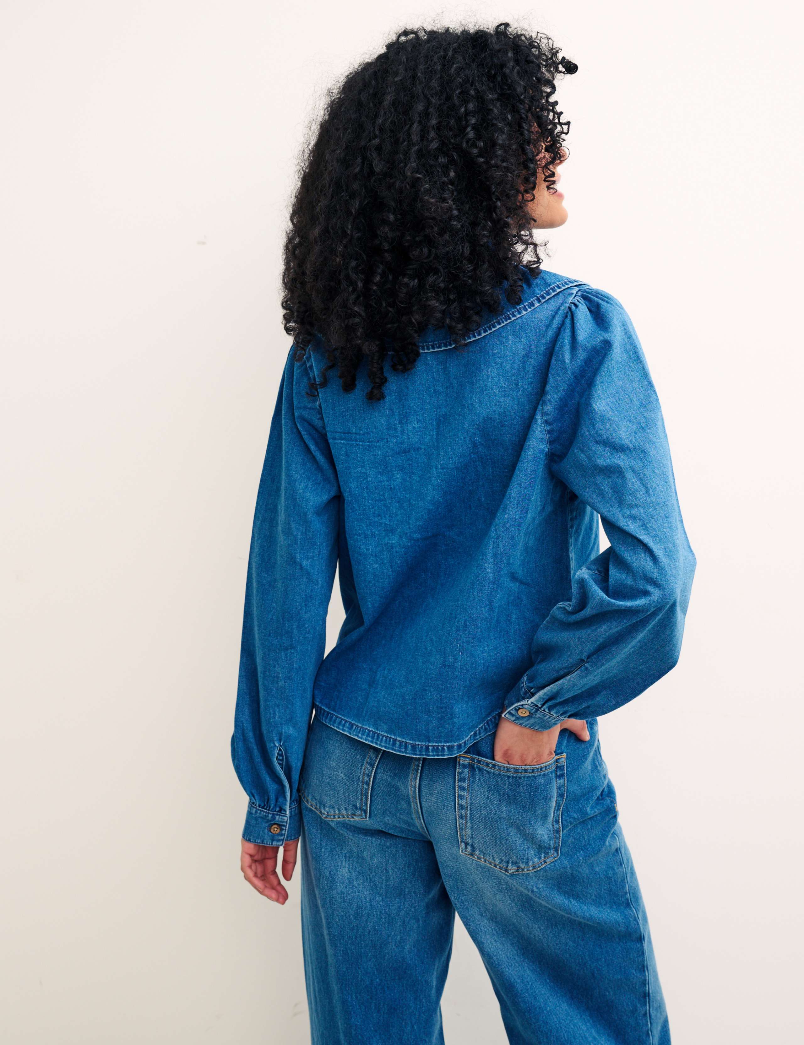 Denim Collared Blouson Sleeve Blouse 2 of 5