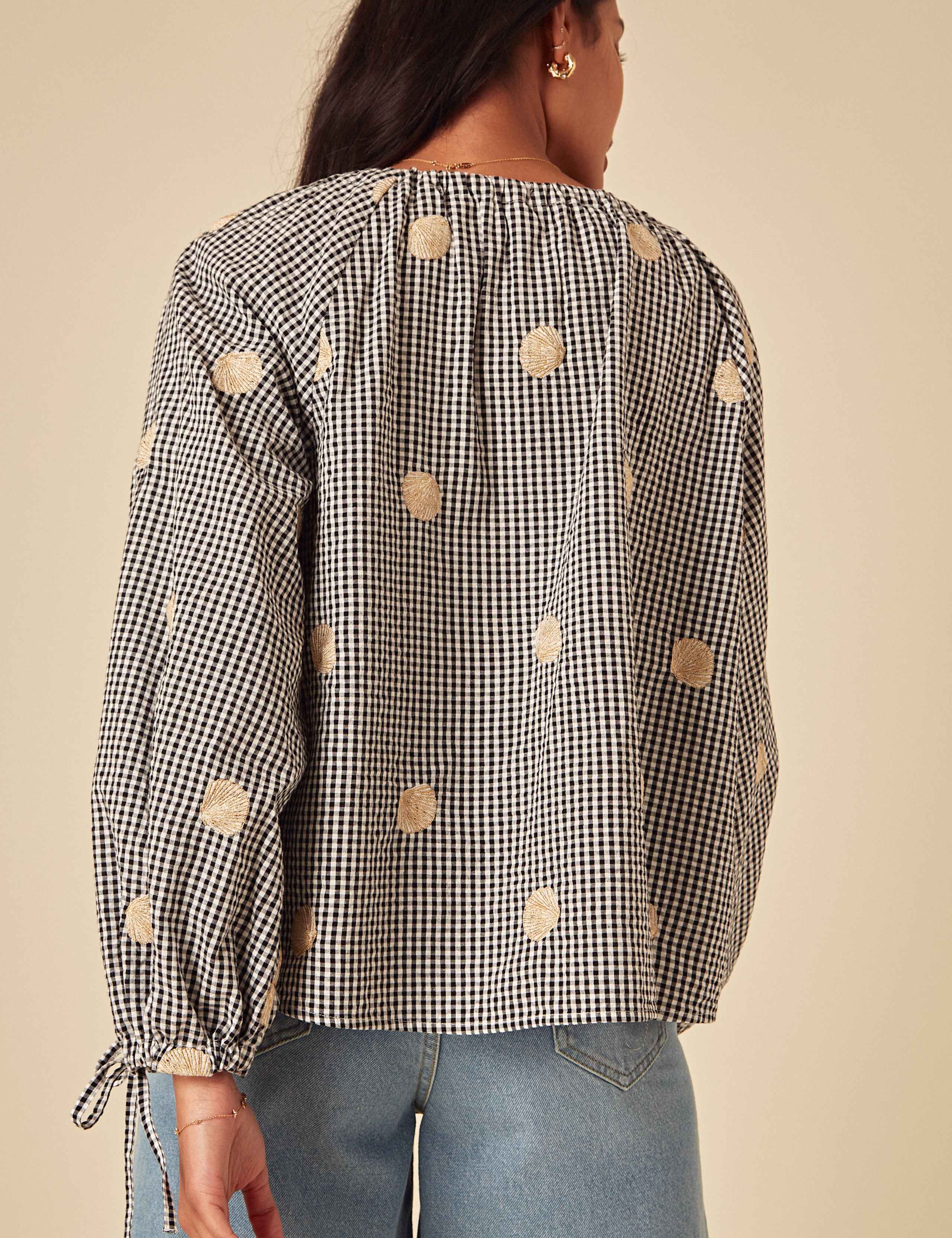 Gingham Tie Neck Smocked Blouse 2 of 4