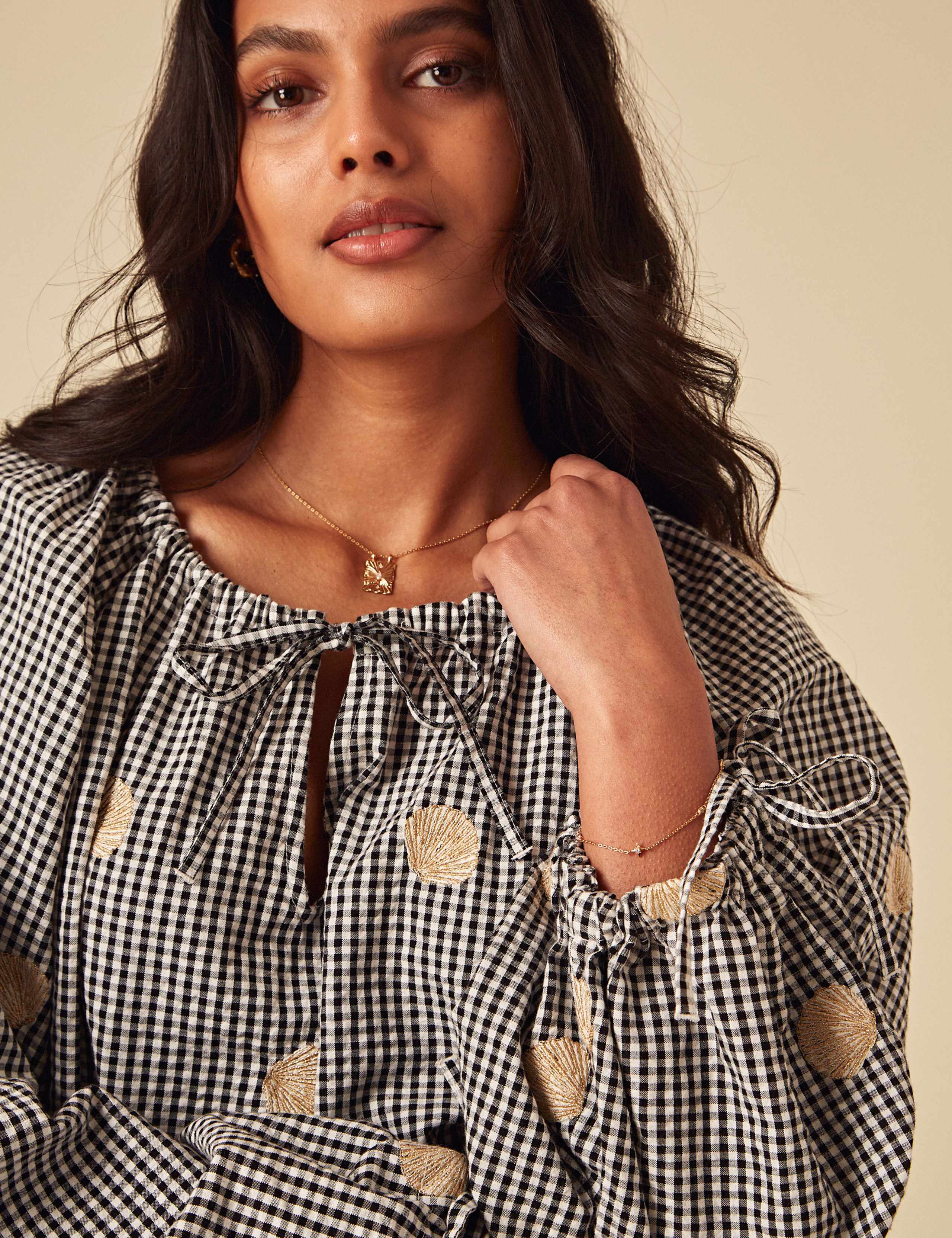 Gingham Tie Neck Smocked Blouse 3 of 4