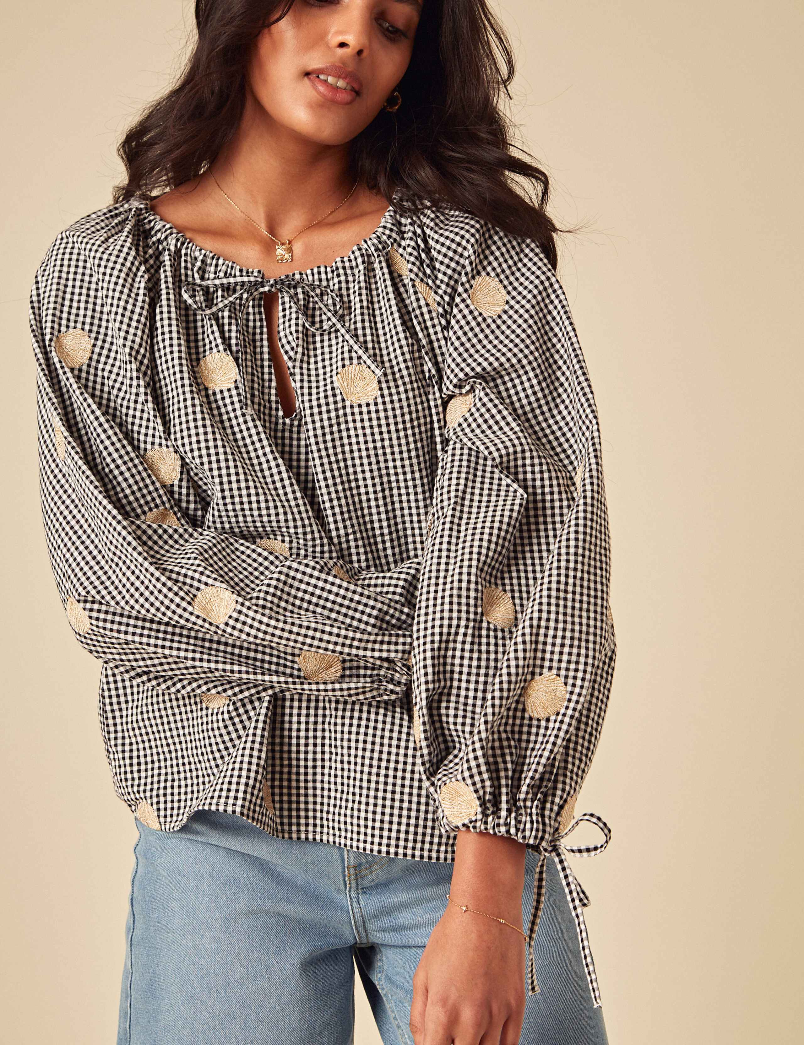 Gingham Tie Neck Smocked Blouse 4 of 4