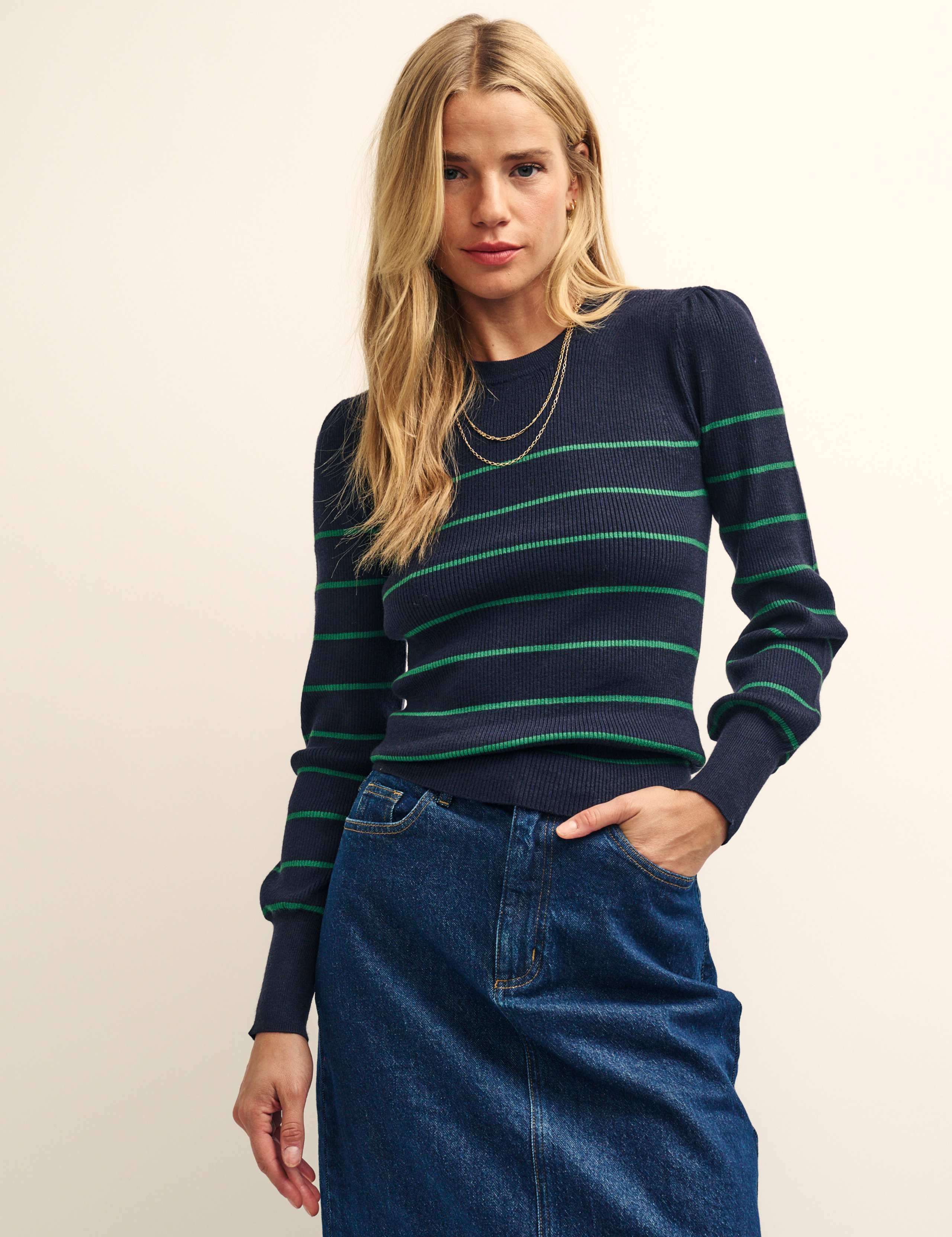 Striped Ribbed Crew Neck Knitted Top 1 of 4