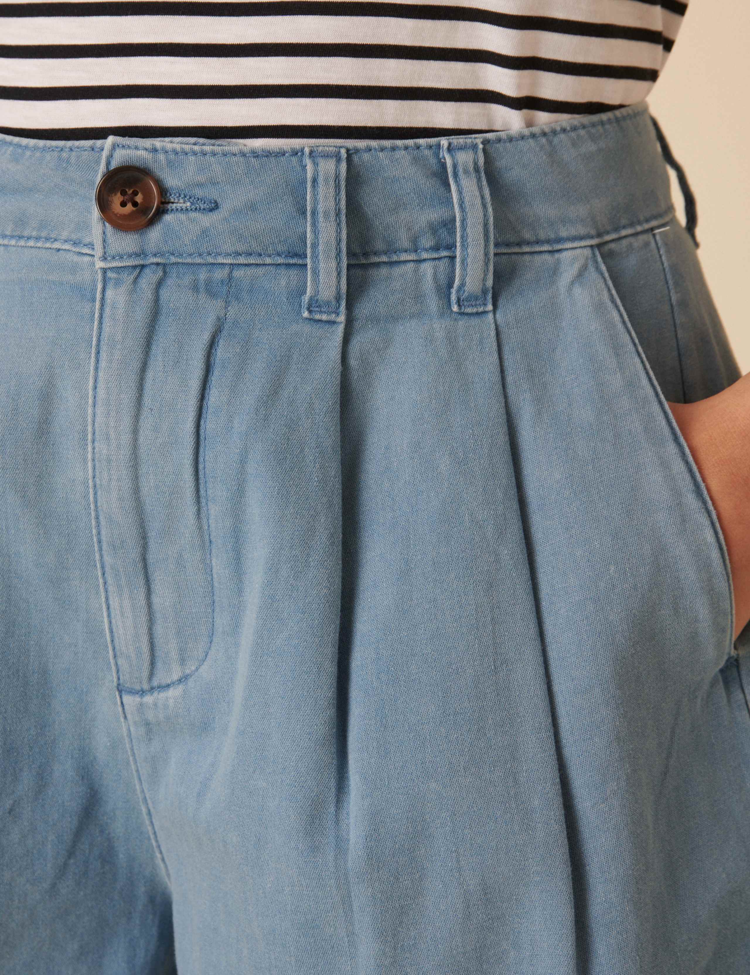 Denim High Waist Pleat Front Shorts 2 of 4