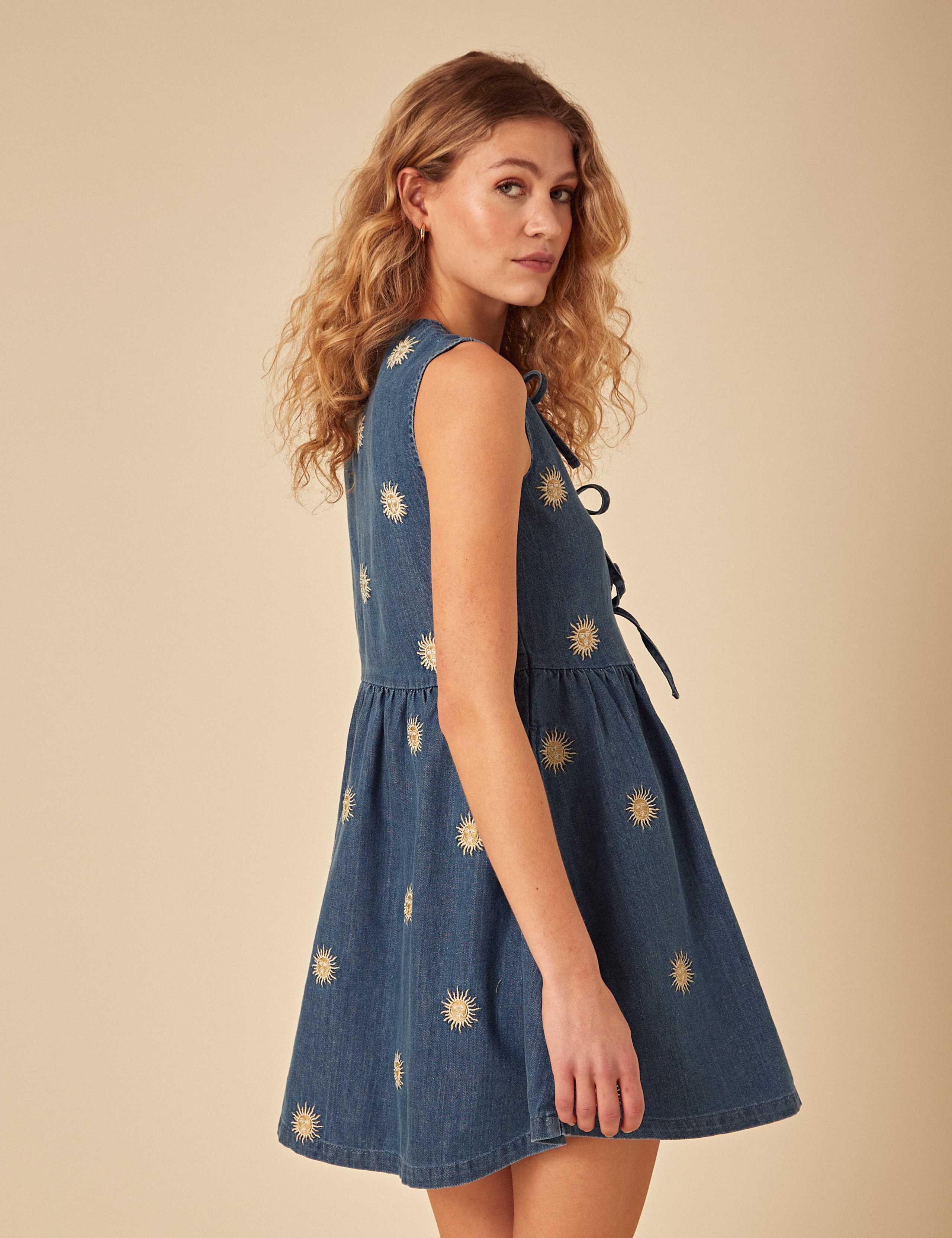 Denim Embroidered Mini Waisted Dress 2 of 4