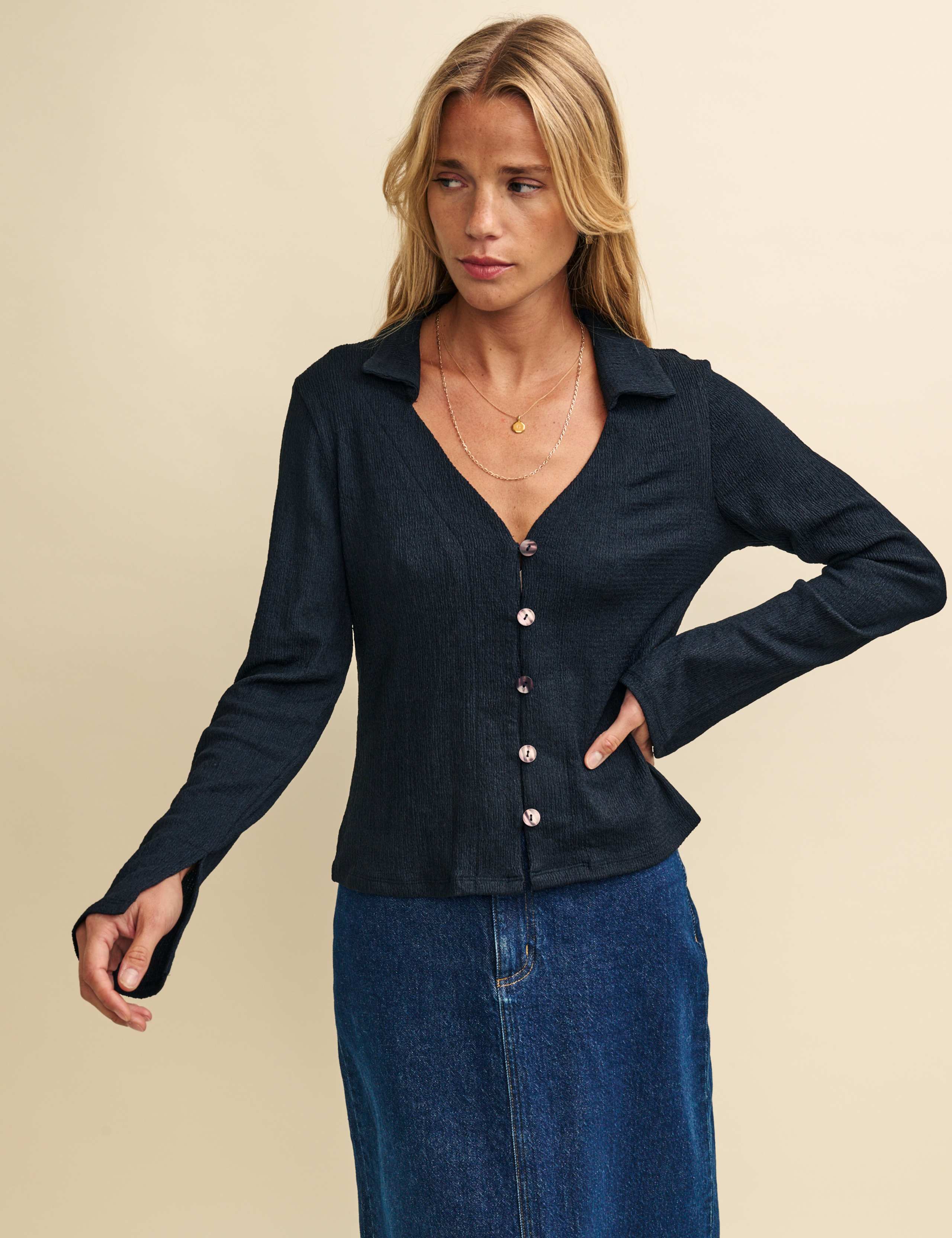 Textured V-Neck Button Through Top 1 of 4
