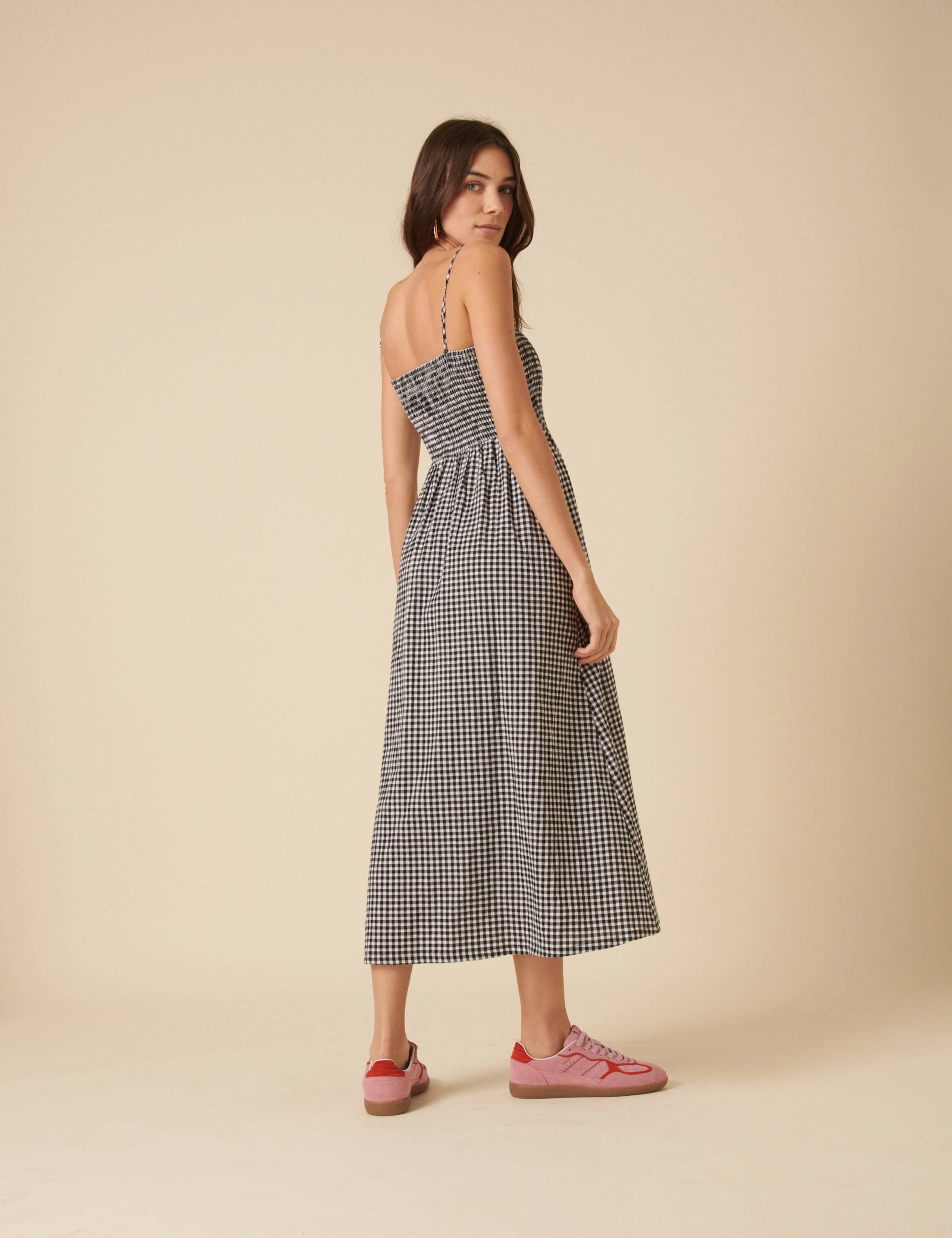 Pure Cotton Gingham Square Neck Strappy Midi Shirred Dress 2 of 4